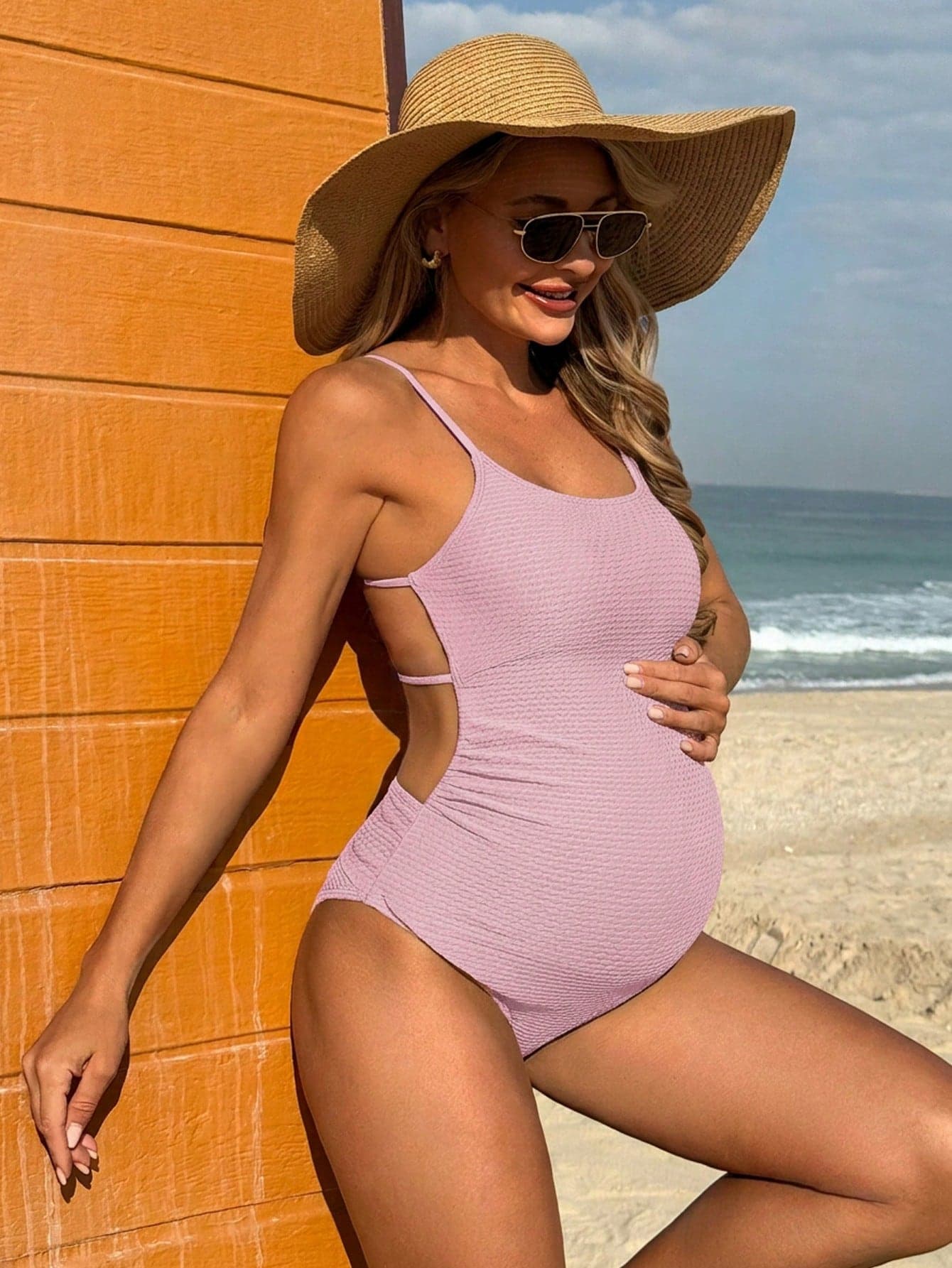 SHEIN Pregnant Women's Sexy Beach Vacation Solid Color Textured Fabric Criss-Cross Backless One-Piece Swimsuit, Summer
