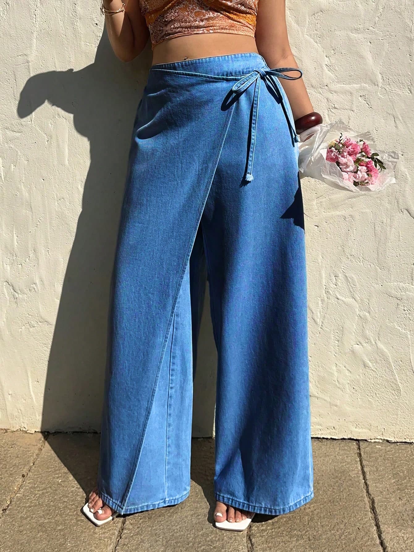 Sunnyshic Plus Size Women's Non-Stretch Casual Loose Fit Asymmetrical Waistband Design Straight Leg Jeans