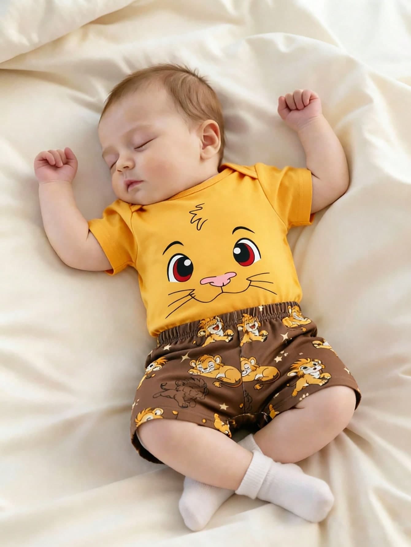 SHEIN 2pcs Newborn Baby Short Sleeve Outfit Lion Print Romper Shorts Brown And Yellow Polka Dot Summer