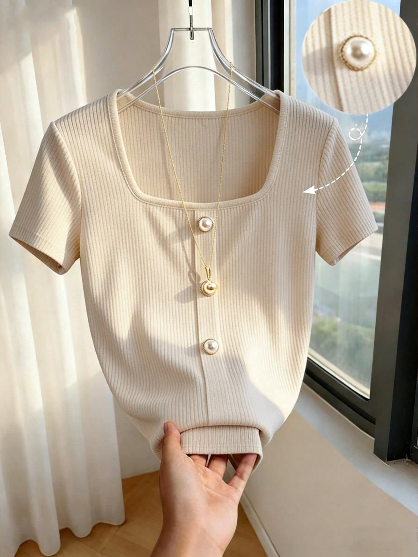 SHEIN Franclia Women's Elegant Minimalist Solid Beige Square Neck Short Sleeve Elastic Fitted T-Shirt,Button Decor Casual Tops For Summer Tea Party,Daily Wear