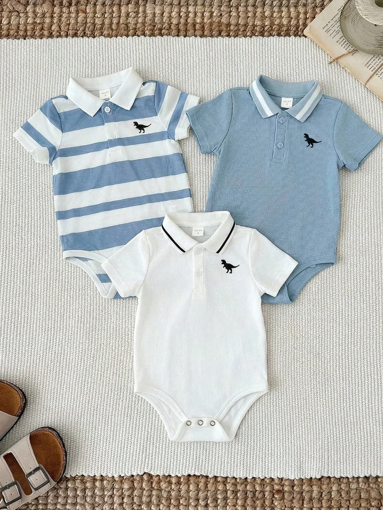 SHEIN 3pcs Baby Boy Outfit Blue White Stripe,Summer,Cute,Family Matching Short Sleeve Polo Shirt Romper For Birthday Party,Wedding,Baby Shower,Performance