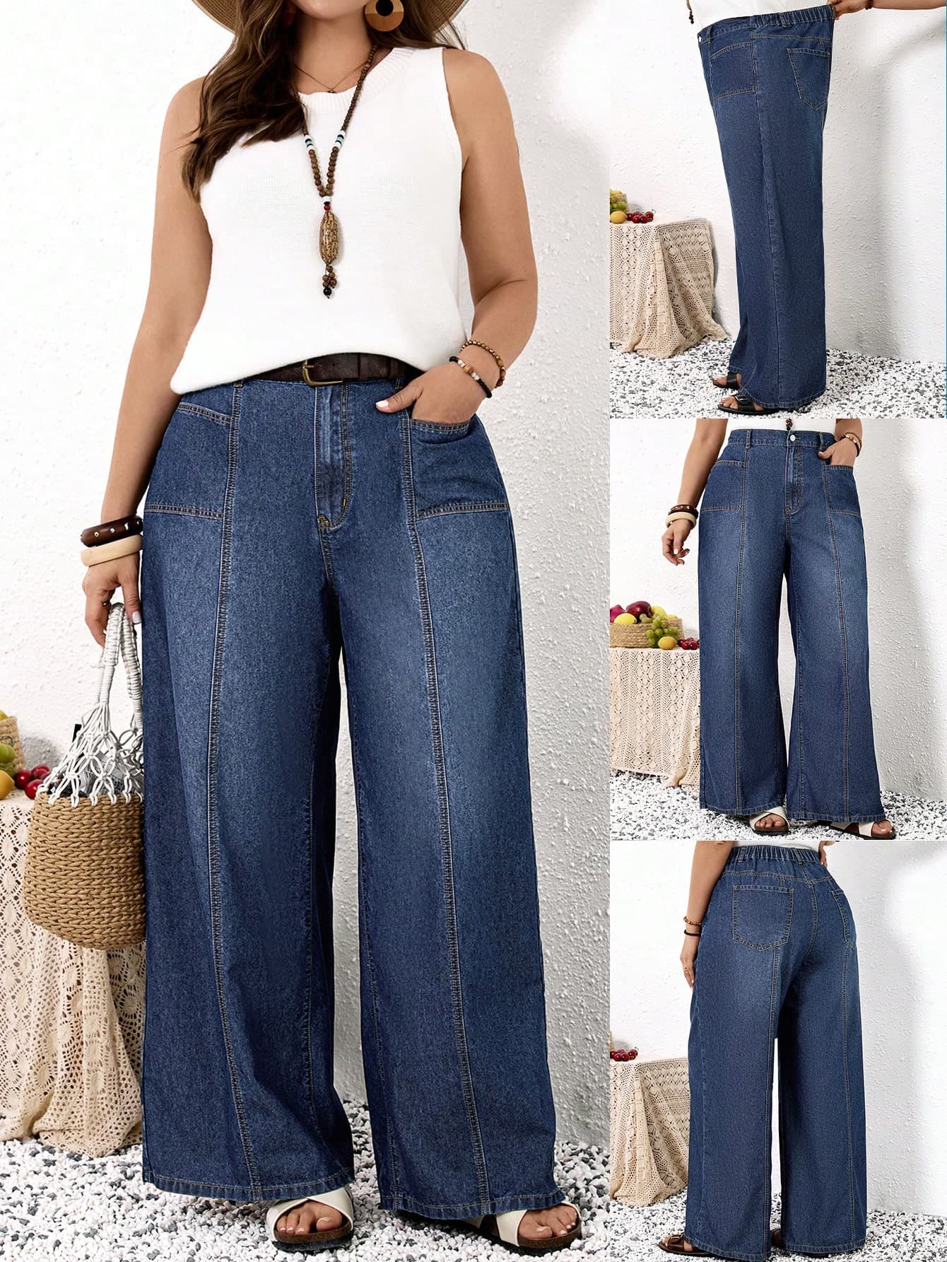 EMERY ROSE EMERY ROSE Plus Size Women's Navy Blue Wide Leg Jeans,High Waist Elastic Back Denim Culottes With Pockets,Loose Fit Casual Everyday Winter Summer Outfits,Y2K