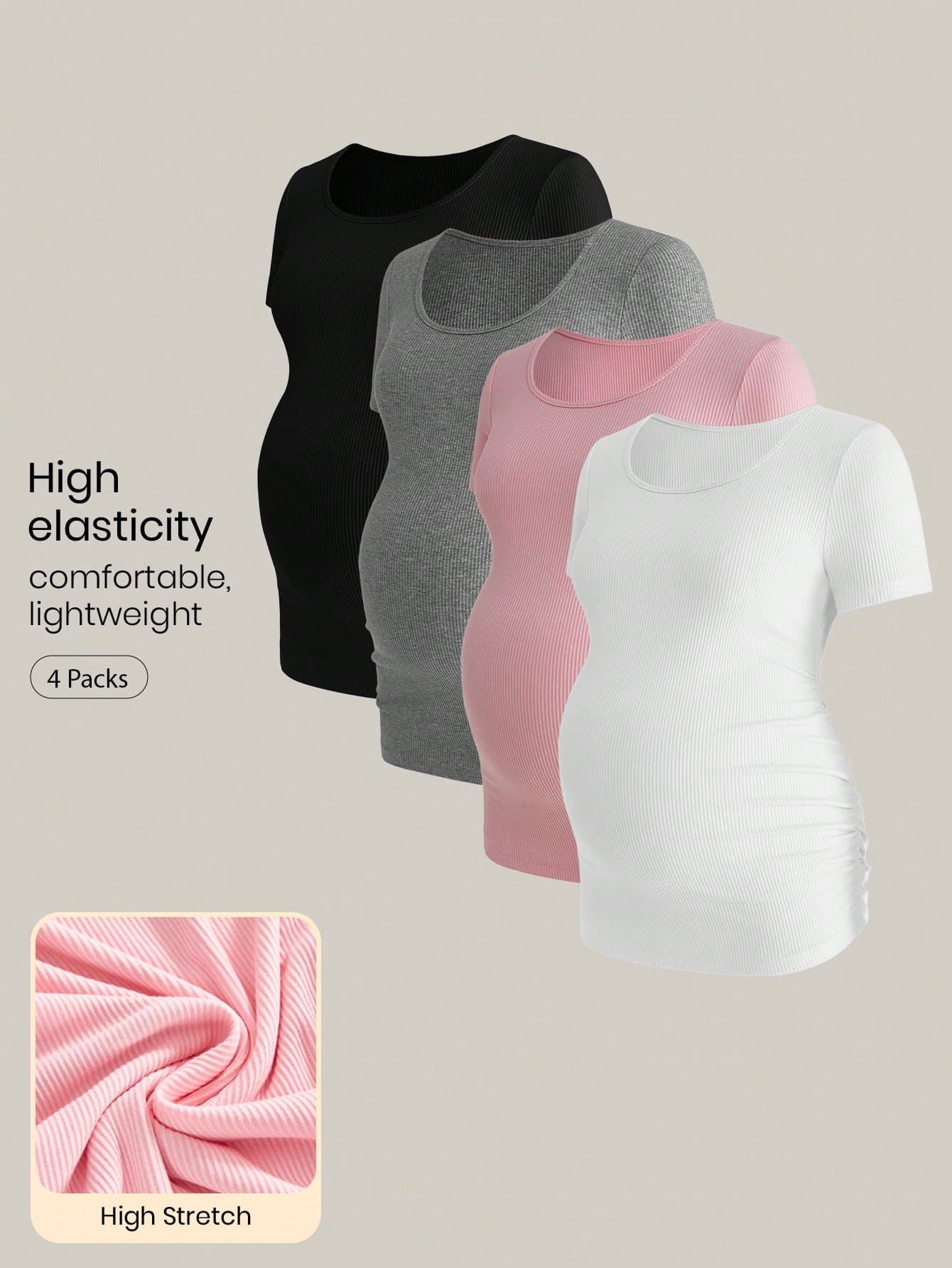 Modmama 4-Pack Round Neck Short Sleeve Ruffled T-Shirts,Maternity Tops,Comfortable Everyday Home Wear,White,Summer,Casual,Family Matching Maternity Wear