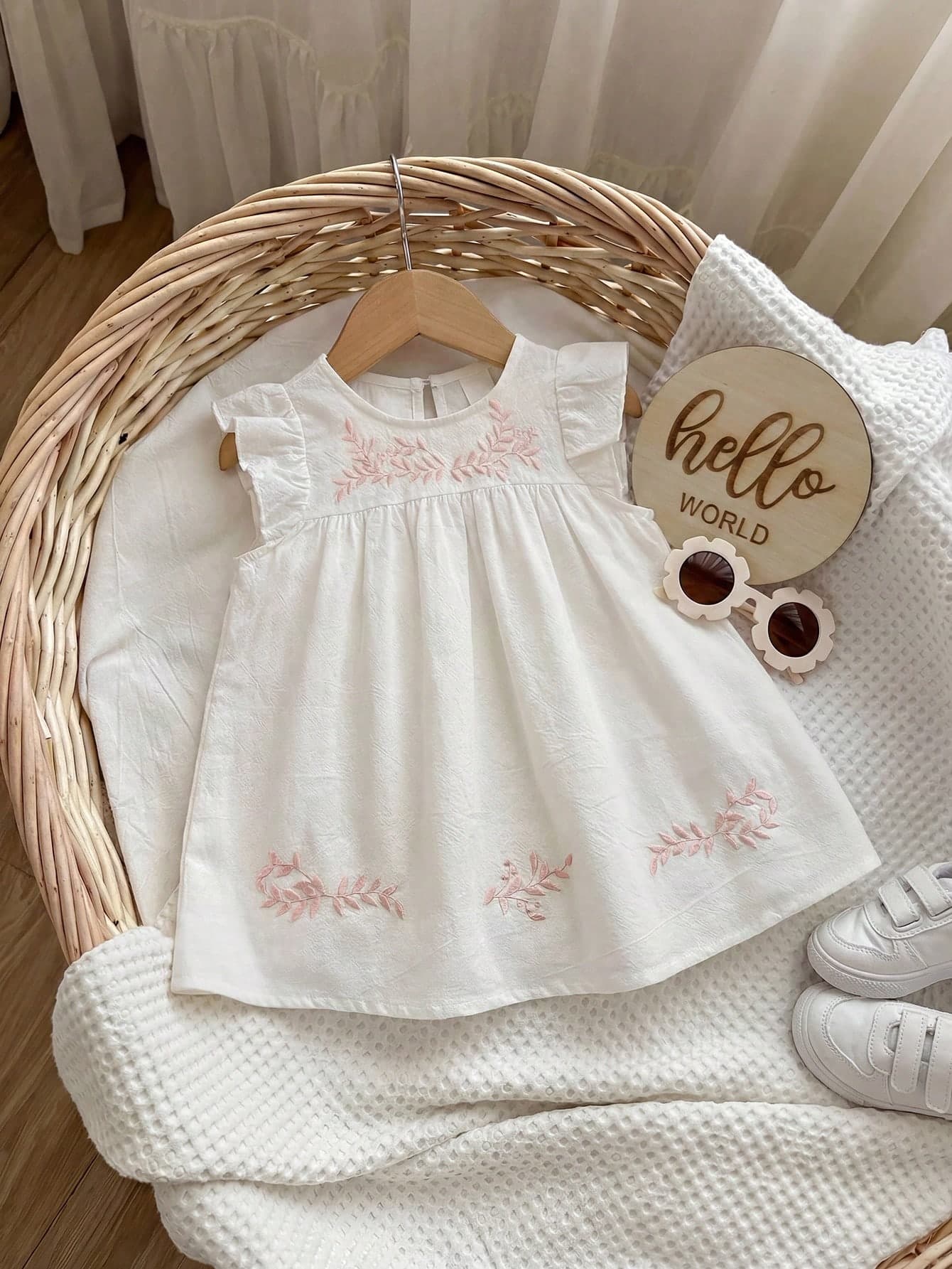SHEIN Baby Girl Summer Casual Embroidered Floral Cap Sleeve Loose Dress
