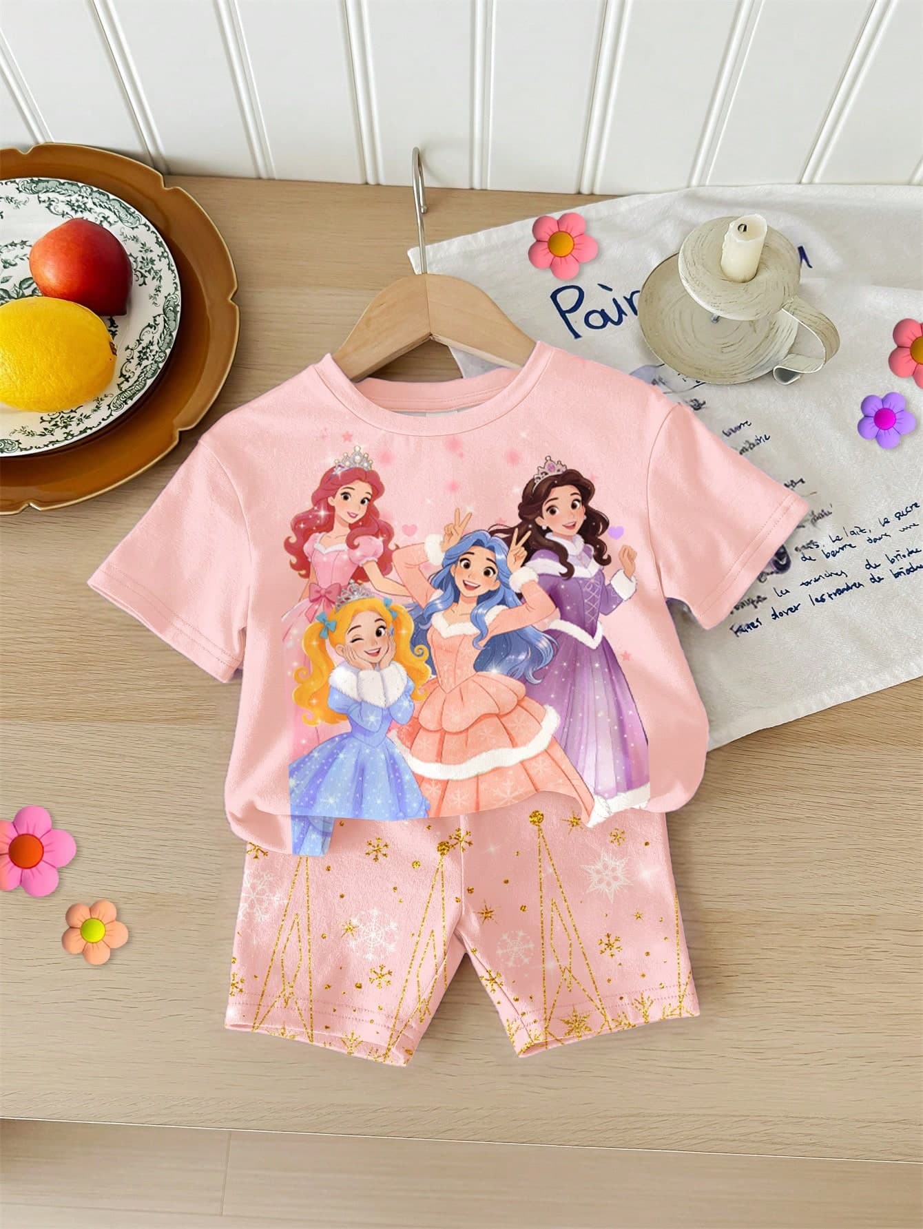 SHEIN Baby Girls Light Pink Summer Cute Graphic Family Matching Princess,Glitter Snowflake Print Round Neck Short Sleeve T-Shirt And Shorts Set,Soft Outfits