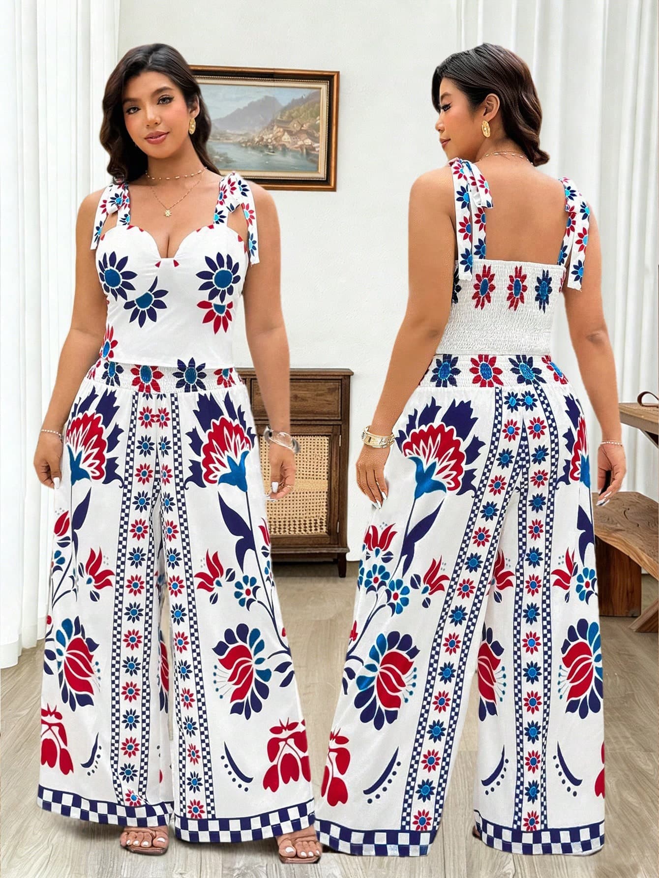 Weeklong Plus Size White Floral Print Bow Tie Camisole & Wide Leg Pants Set,Women Boho Summer Vacation Holiday Outfit,Mexican Style Resort Wear Jumpsuit Dress