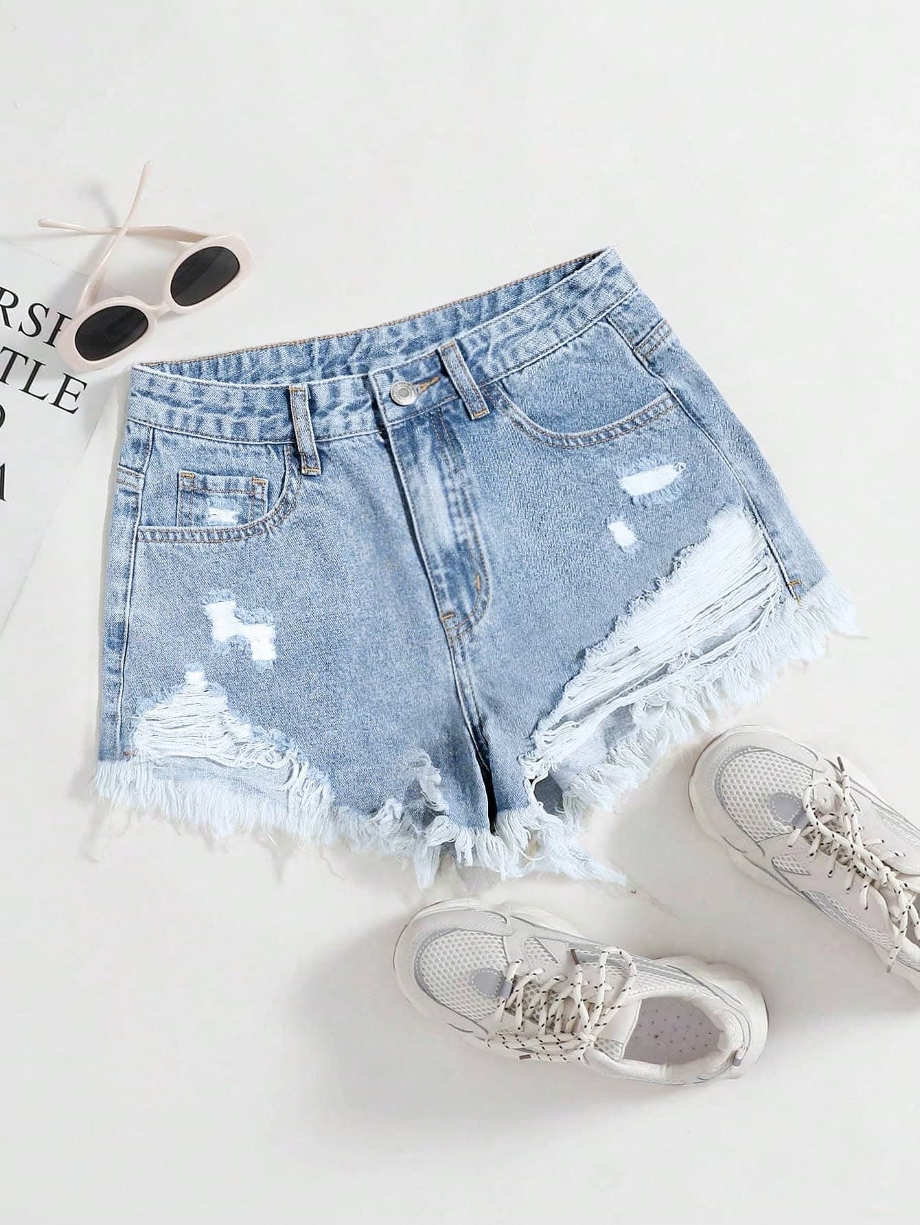 Rivivi Frayed Hem Fashionable Summer Denim Shorts With Belt Loops Everyday Aqua Blue Casual