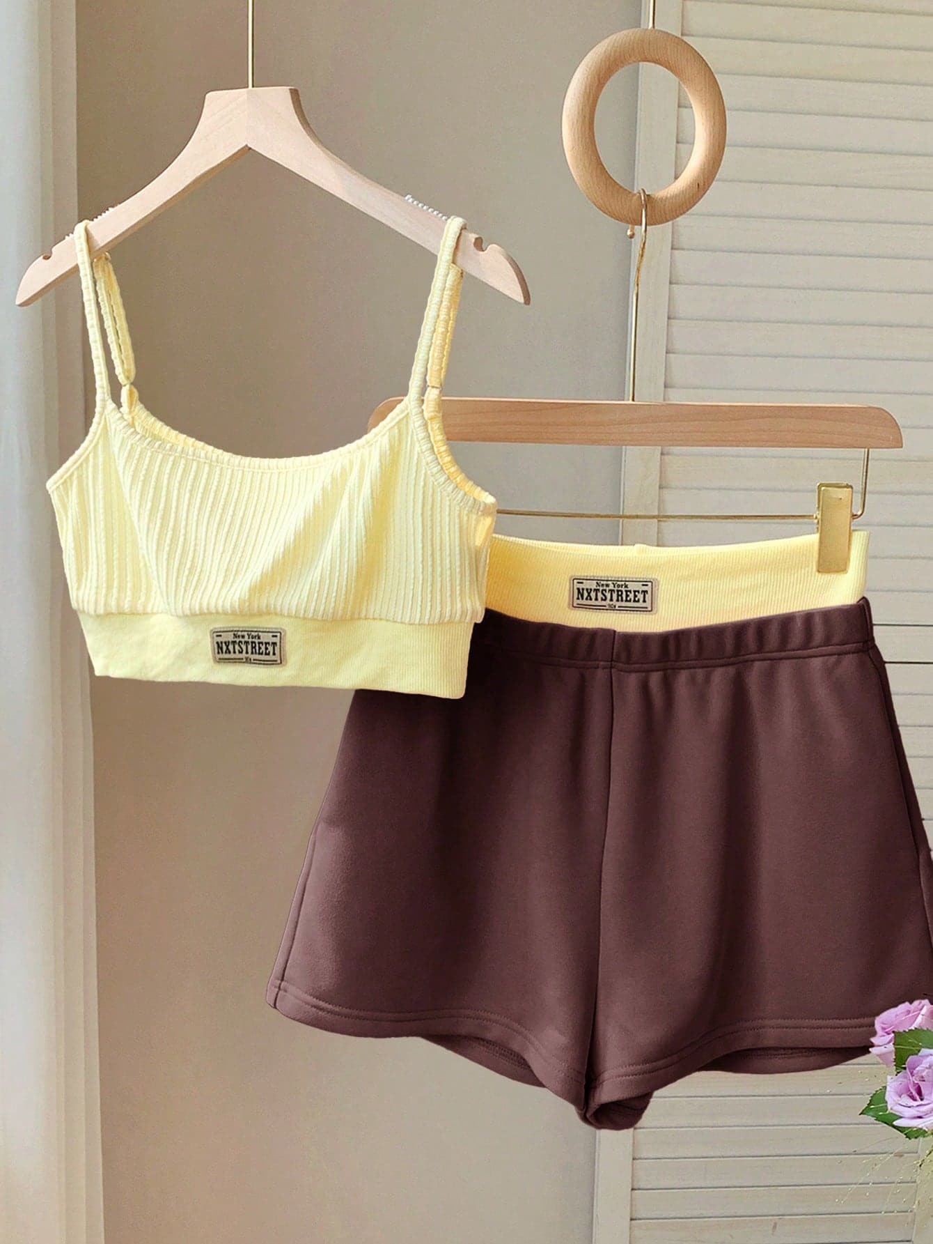 Comfortcana Women's Casual Letter Print Cropped Tank Top And 2-In-1 Shorts Set, Summer Vacation Outfits, Gym Street Style, Pastel Yellow Shades Of Brown Gym