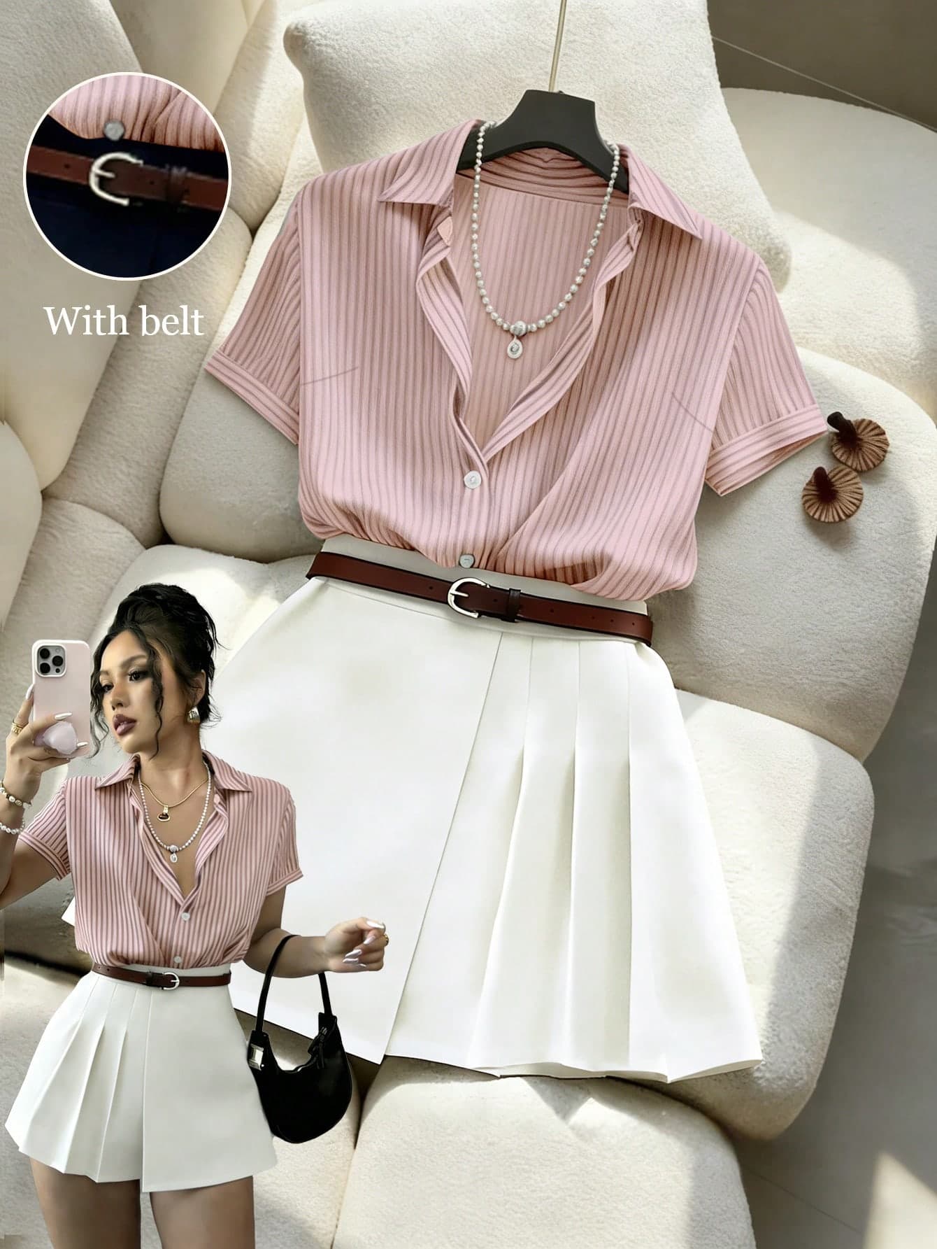 Franclia Summer Casual Striped Short Sleeve Shirt & Pleated Skirt 2 Pieces Set