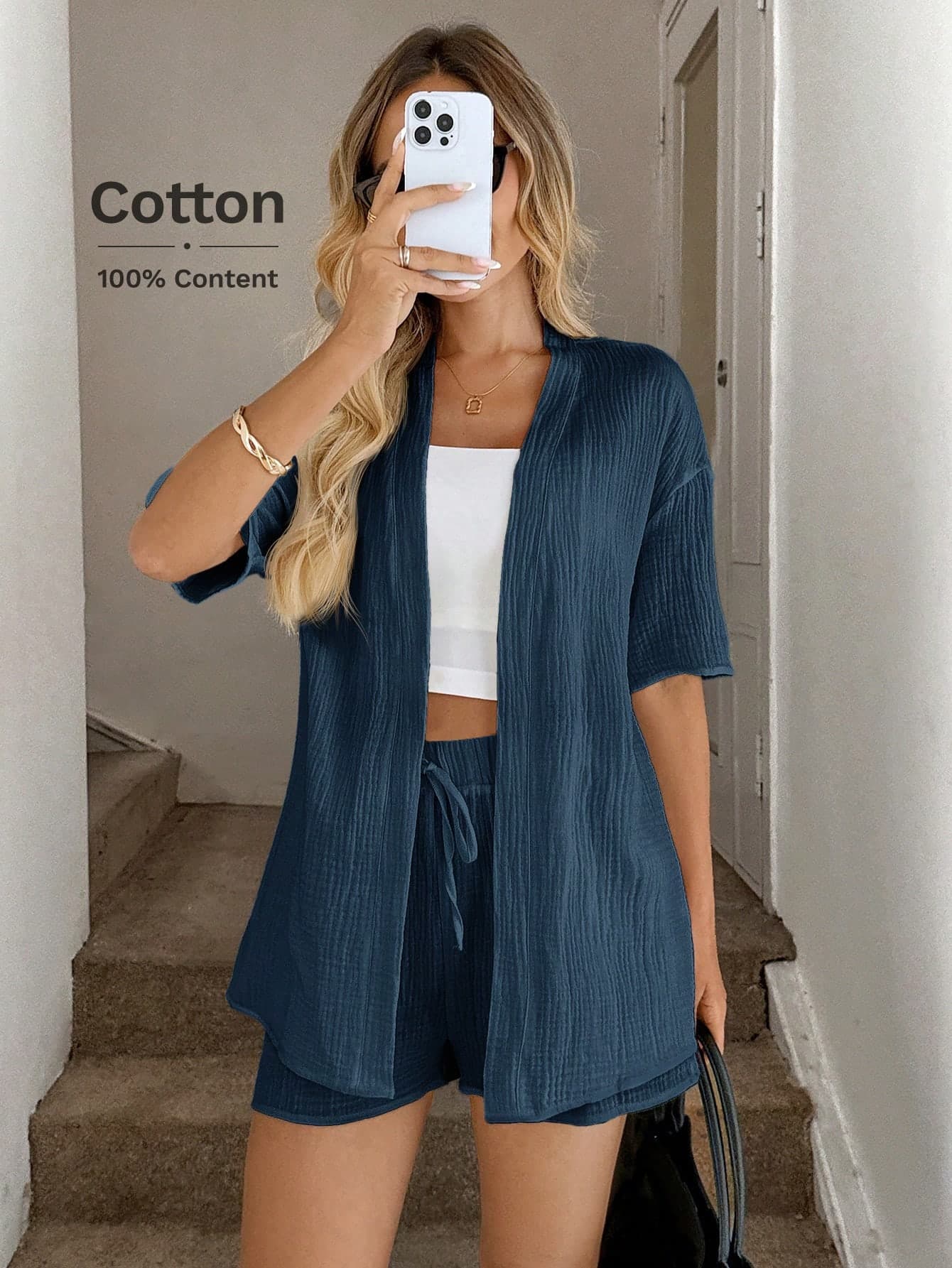 Easowa White Cotton Crinkle Kimono Cover Up+Shorts Casual Vacation Outfit, Spring/Summer Cruise For Women Short Set Up Top Coords Summer Business Lounge Sets