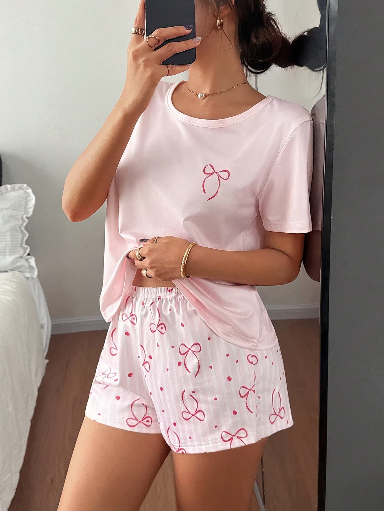 Softscene 2pcs Girly Pink Bow Printed Short Sleeve Shorts Pajama Set