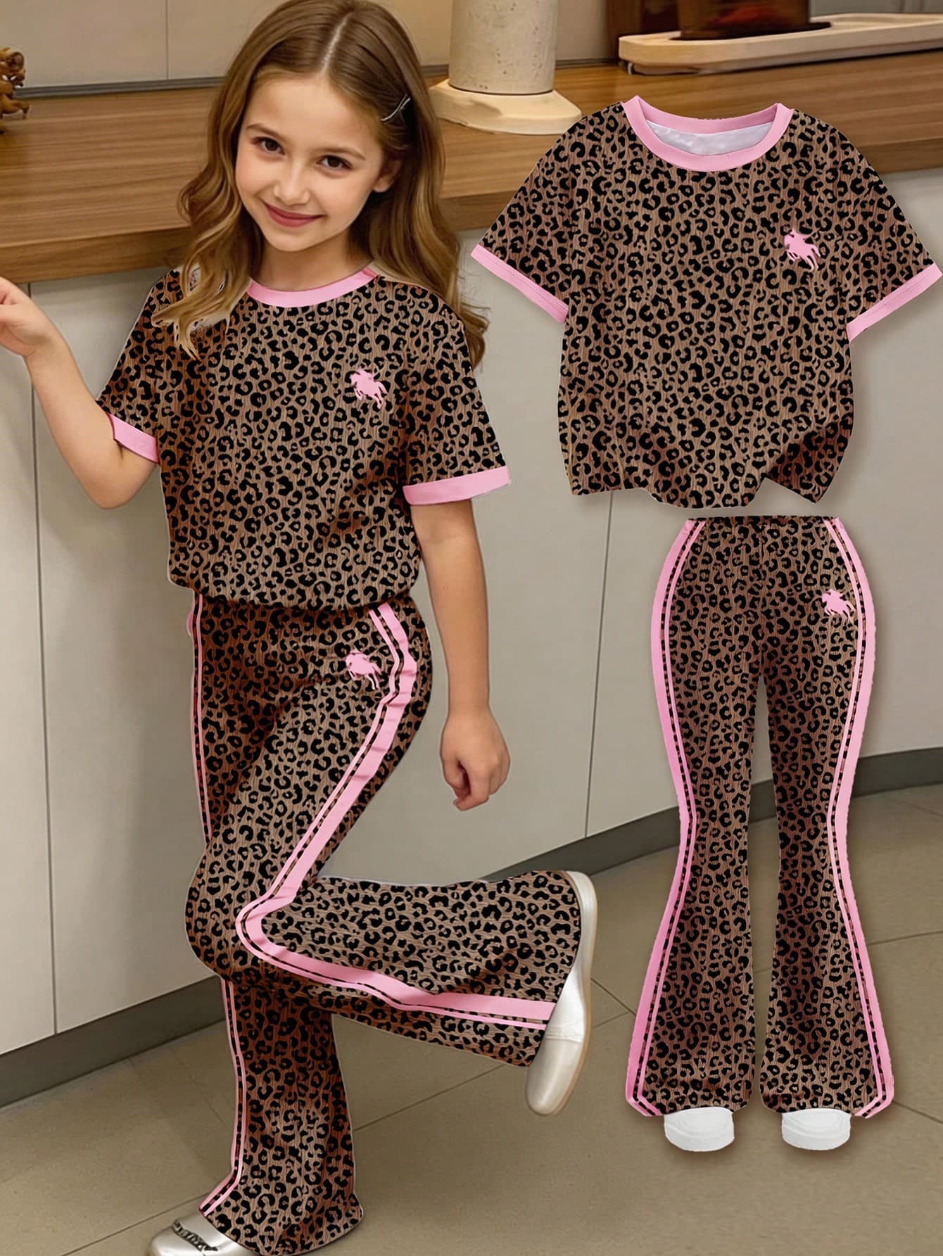 2pcs/Set Young Girl Casual Black Sweet Leopard Print & Pink Stripe Equestrian Riding Horse Cartoon Round Neck Short Sleeve Top And Flare Pants,Summer