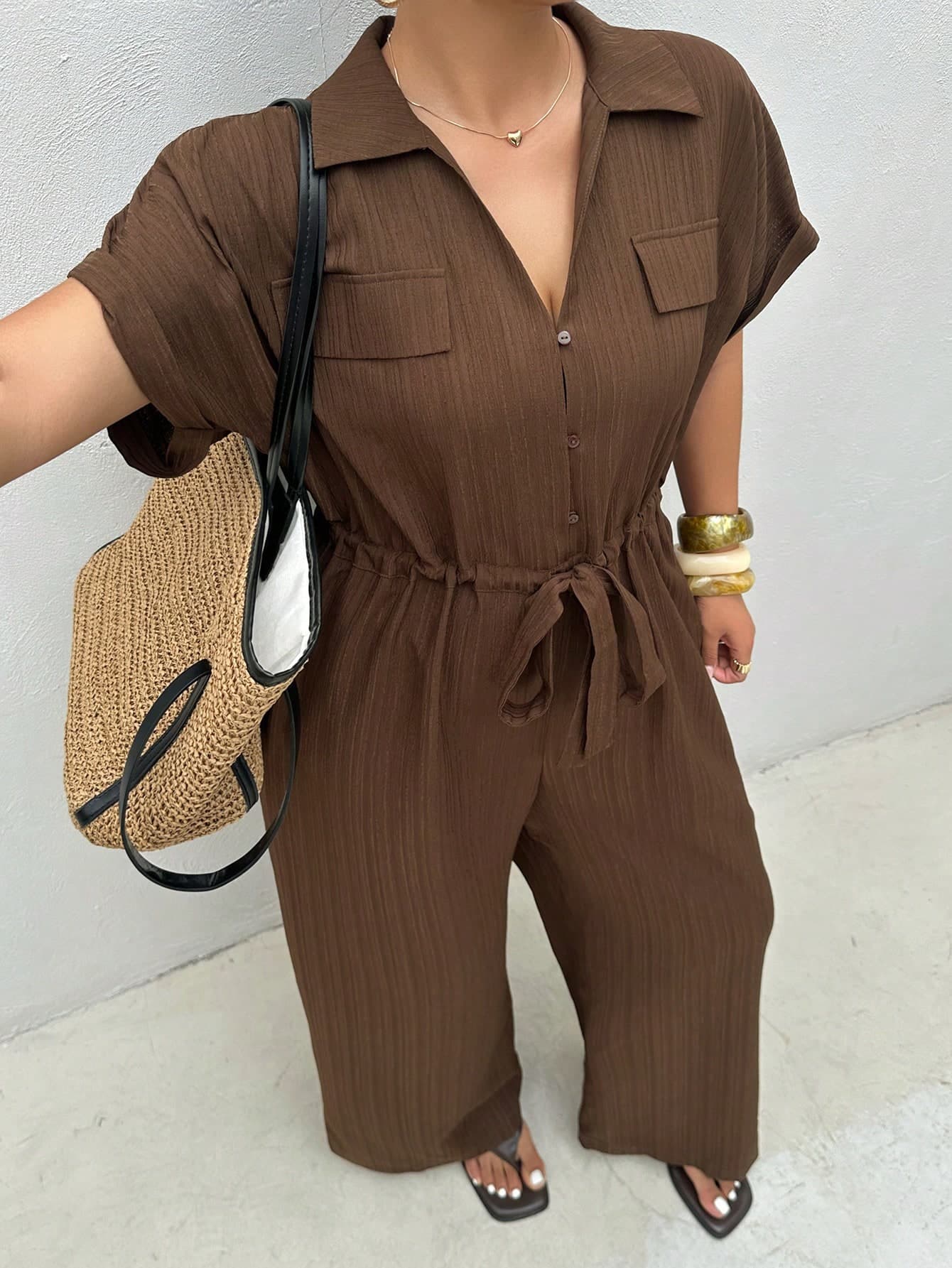 Dazy Plus Plus Size Women's Casual Solid Color Lapel Loose Waist Tie Slimming Long Jumpsuit, Brown, Spring/Summer Jumpsuits For Women Lounge Sets For Women