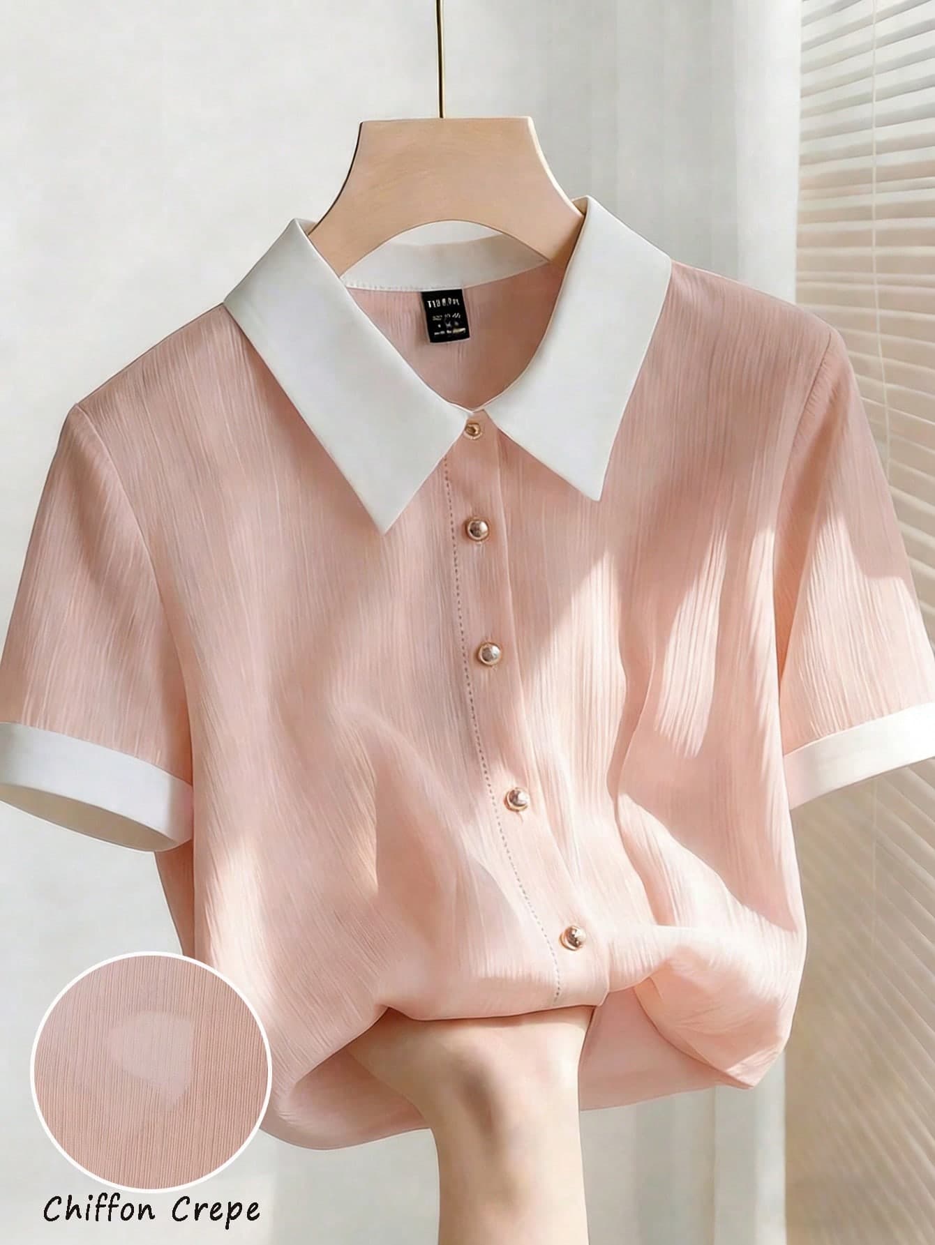 Franclia Elegant Pink Checkered Summer Chiffon Blouse,Casual Office White Collar Loose Short Sleeve Shirt,Metal Button Pleated Fashion Graduation Commuter