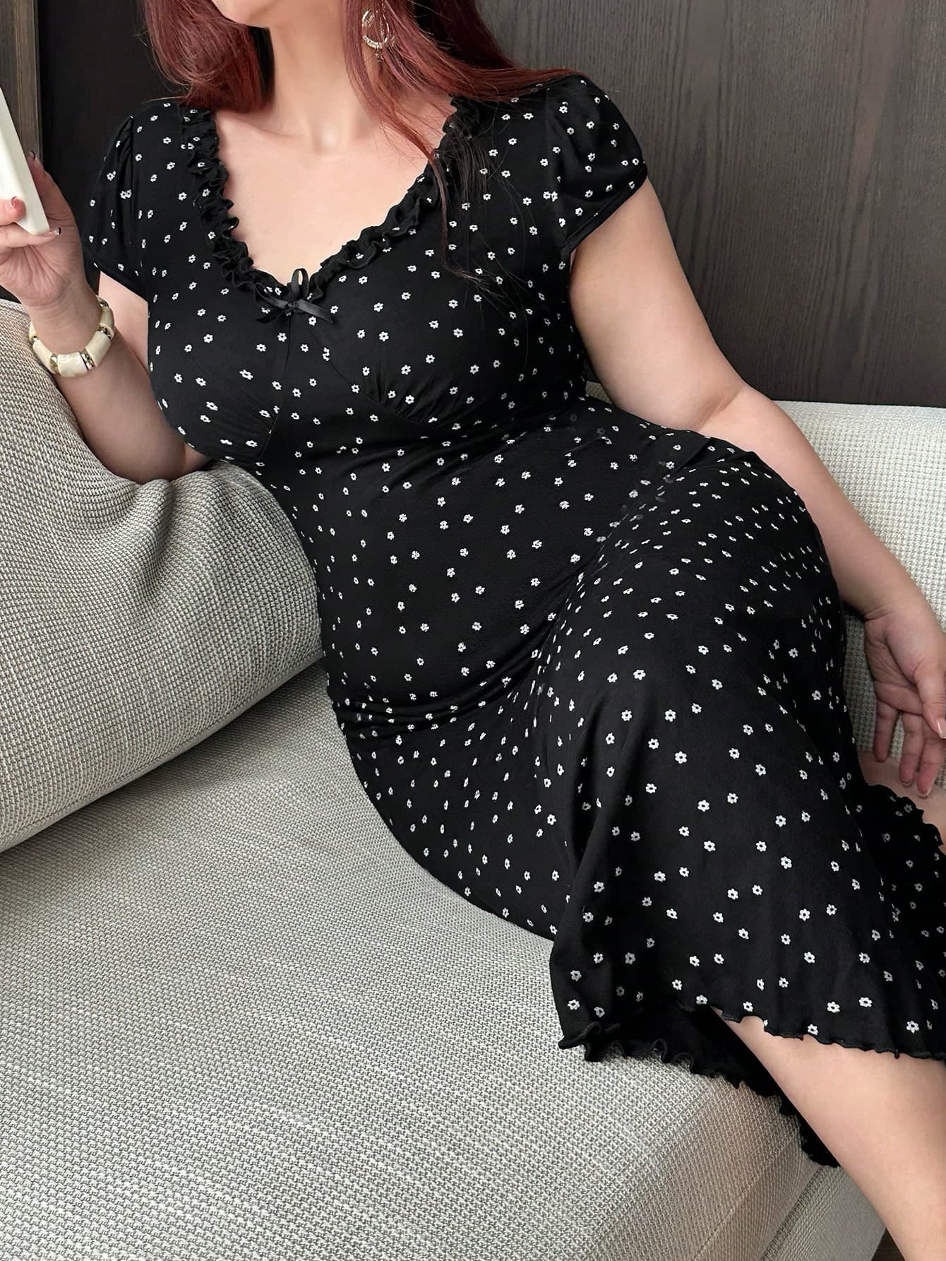 Dazy Plus Plus Size Ditsy Floral Frill Trim Waist Cinched Long Sexy Red Nightgown For New Year Summer Pajamas