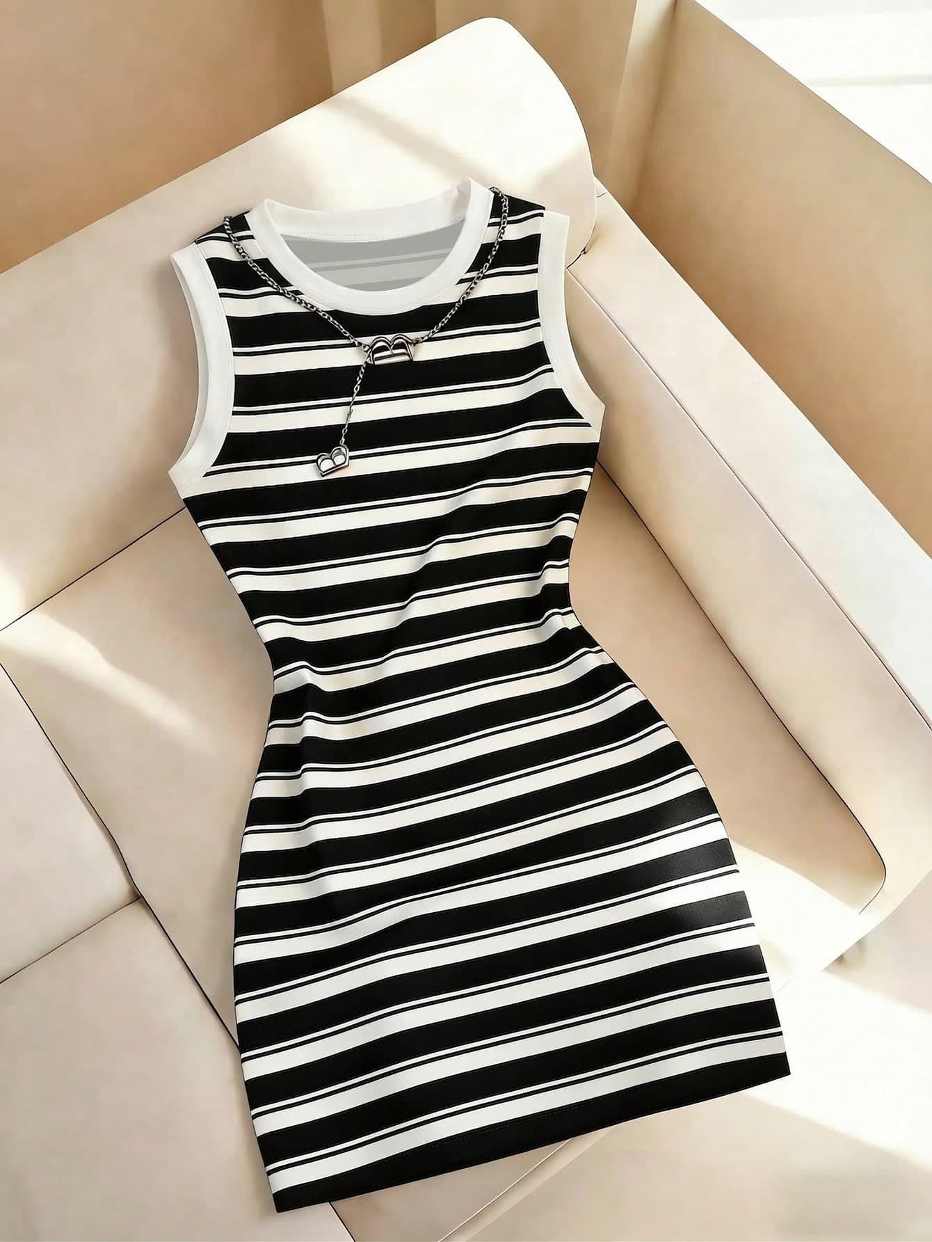 Resyla Women's Striped Print Round Neck Fitted Sleeveless Dress, New Arrival Spring/Summer