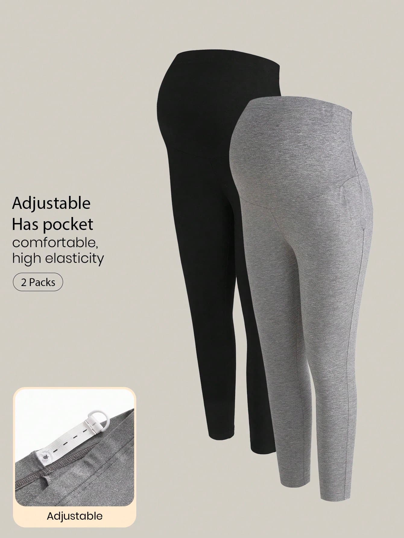 Modmama 2-Pack Maternity Leggings,Black Gray Adjustable Waist High-Waisted Cotton Yoga Pants,Summer Casual Leggings For Gym Concert Home Wear With Pocket