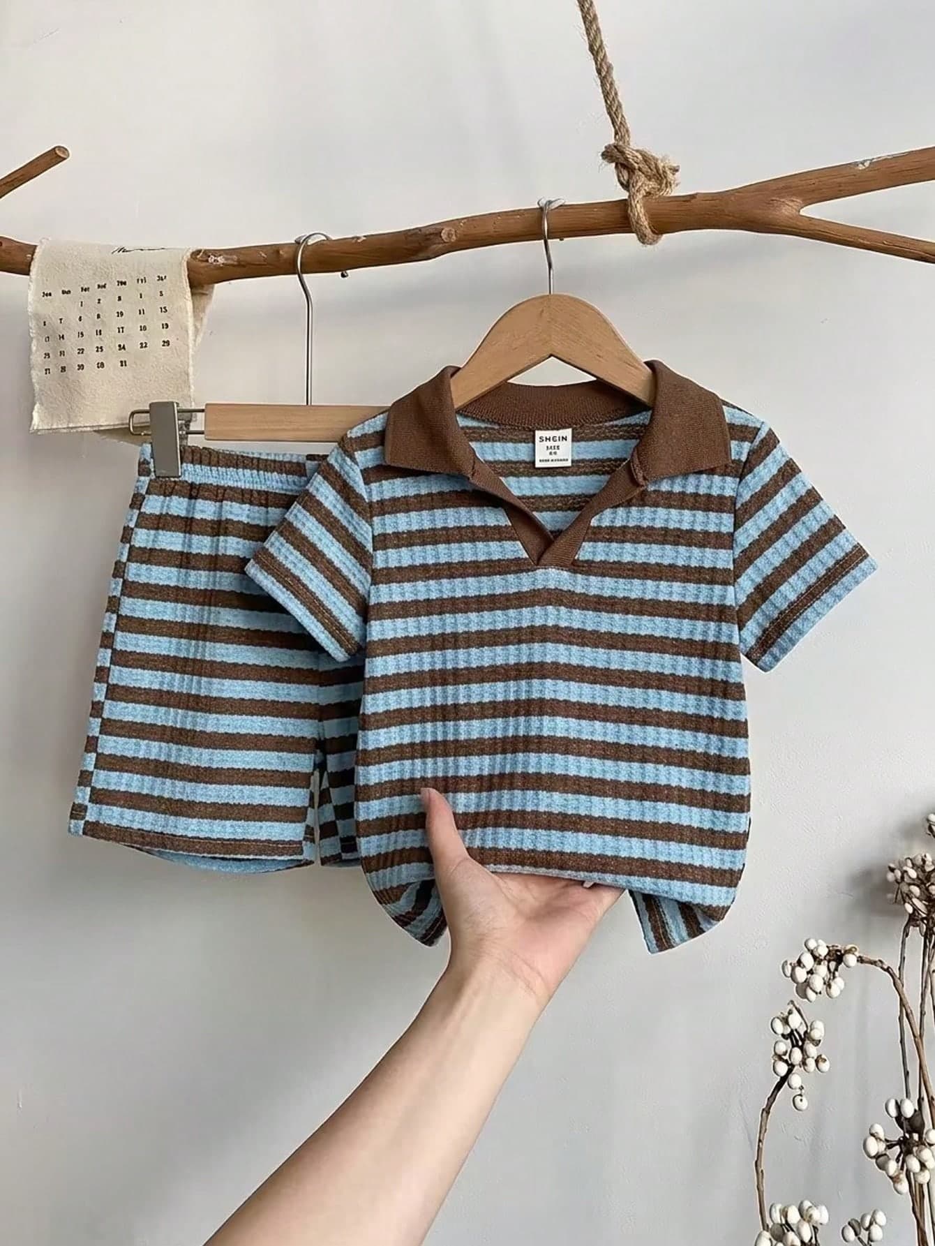 SHEIN 2-Pack Young Boys Striped Lapel POLO Shirt And Shorts Set,Cute Casual Sports Summer Outfits,School Back To School Clothes For Birthday Party Wedding