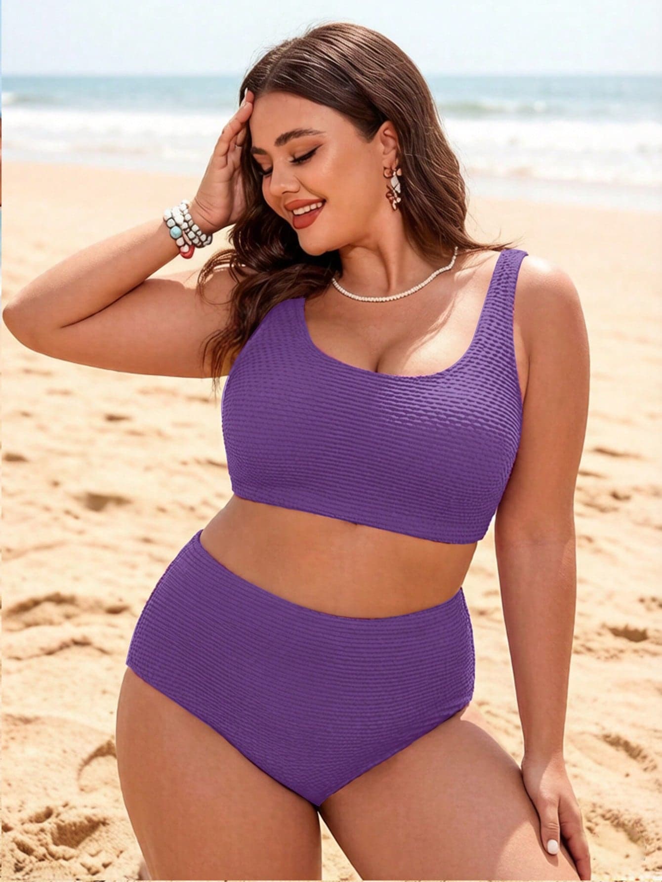 Swim Lushoire Plus Size Solid Color Bikini Set, Suitable For Beach Vacation