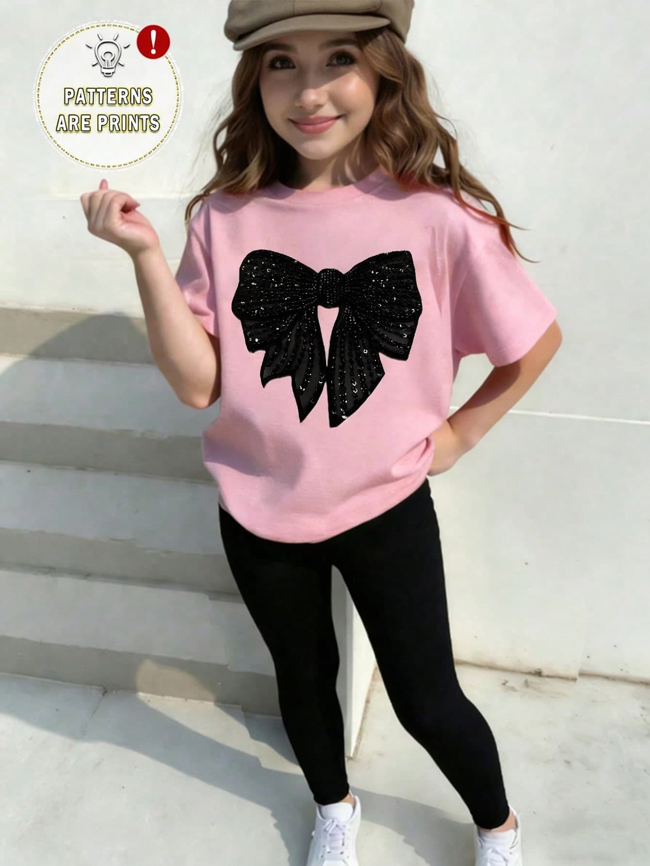 SHEIN Tween Girl Pink Summer Cute School Fashion,Shiny Black Bow Graphic Print Casual T-Shirt And Leggings Set,Creative Minimalist Comfortable Daily Wear