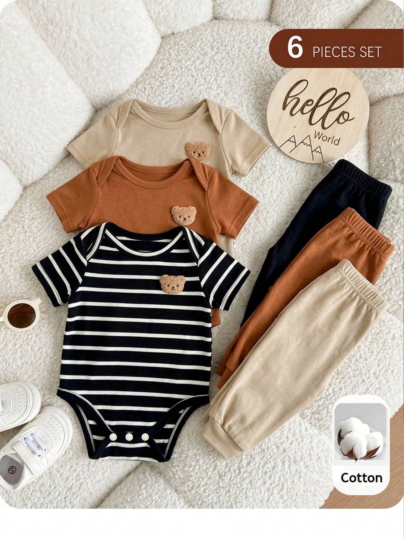 6pcs/Set Newborn Baby Boy Baby Girl Clothes,Summer Black Cute Family Matching Neutral Striped Star Romper With Knit Top And Pants Infant Outfits
