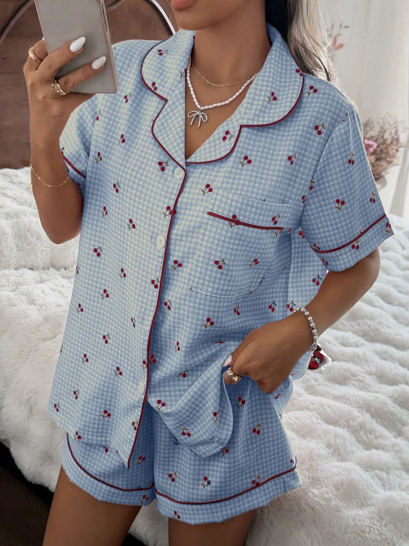 CottageSlumber Pink Plaid Cherry Print Shirt Collar Short Sleeve & Shorts Pajama Set For Women
