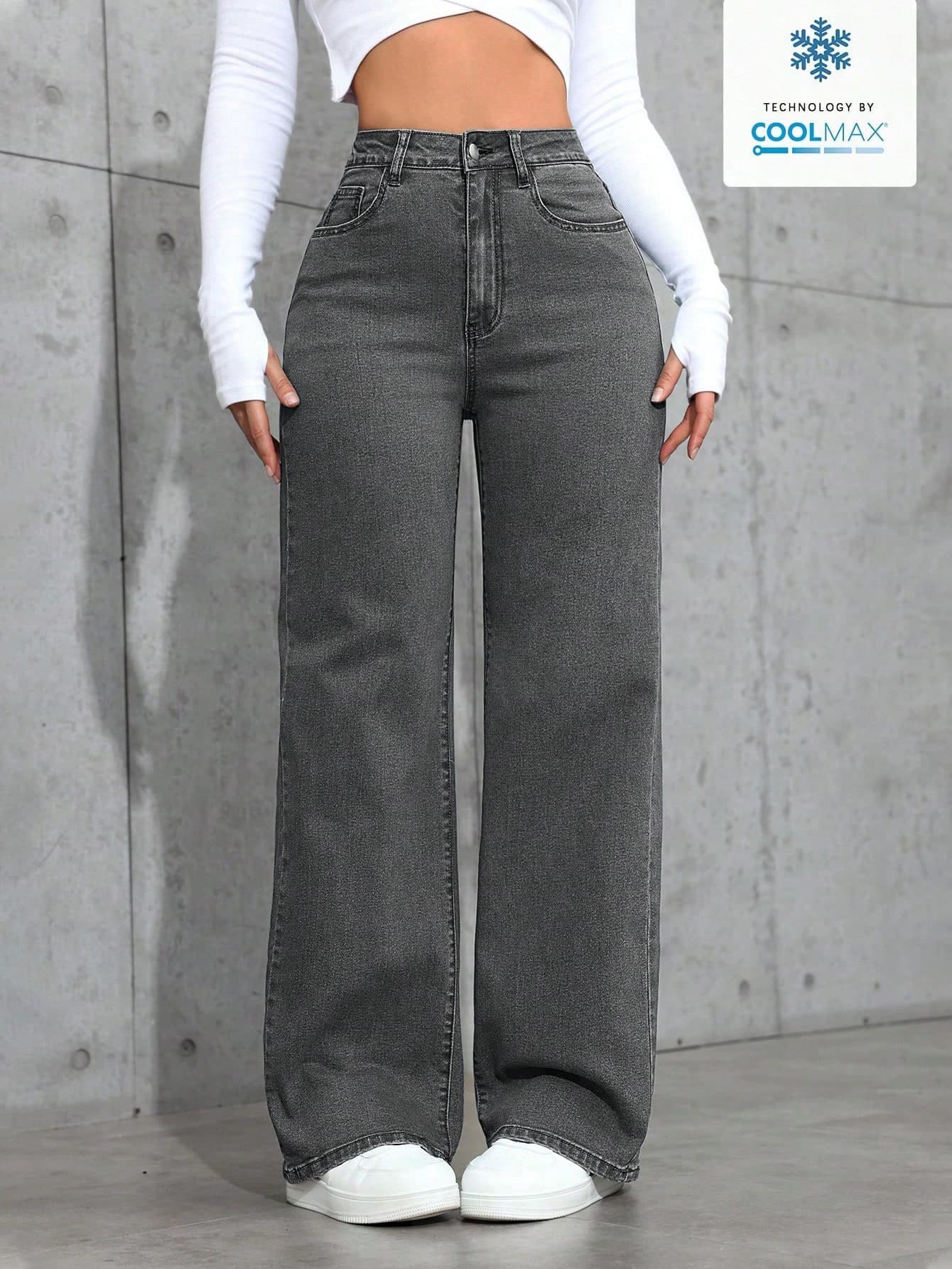 SHEIN ICON Women's Casual Everyday Washed Slant Pocket Straight Leg Jeans School Grey Summer
