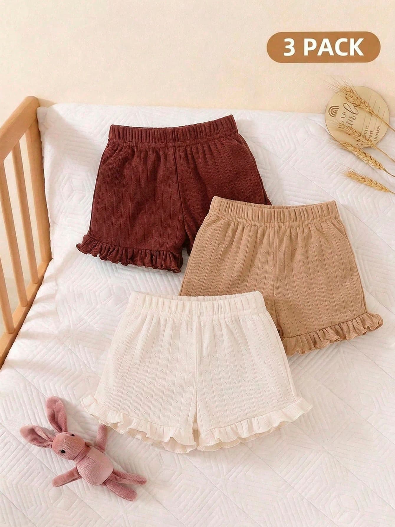 SHEIN 3pcs Baby Girl Casual Comfortable Cute Shorts Set Soft Breathable Knit Fabric Elastic Waist With Ruffle Trim White And Brown Summer Holiday Outfit