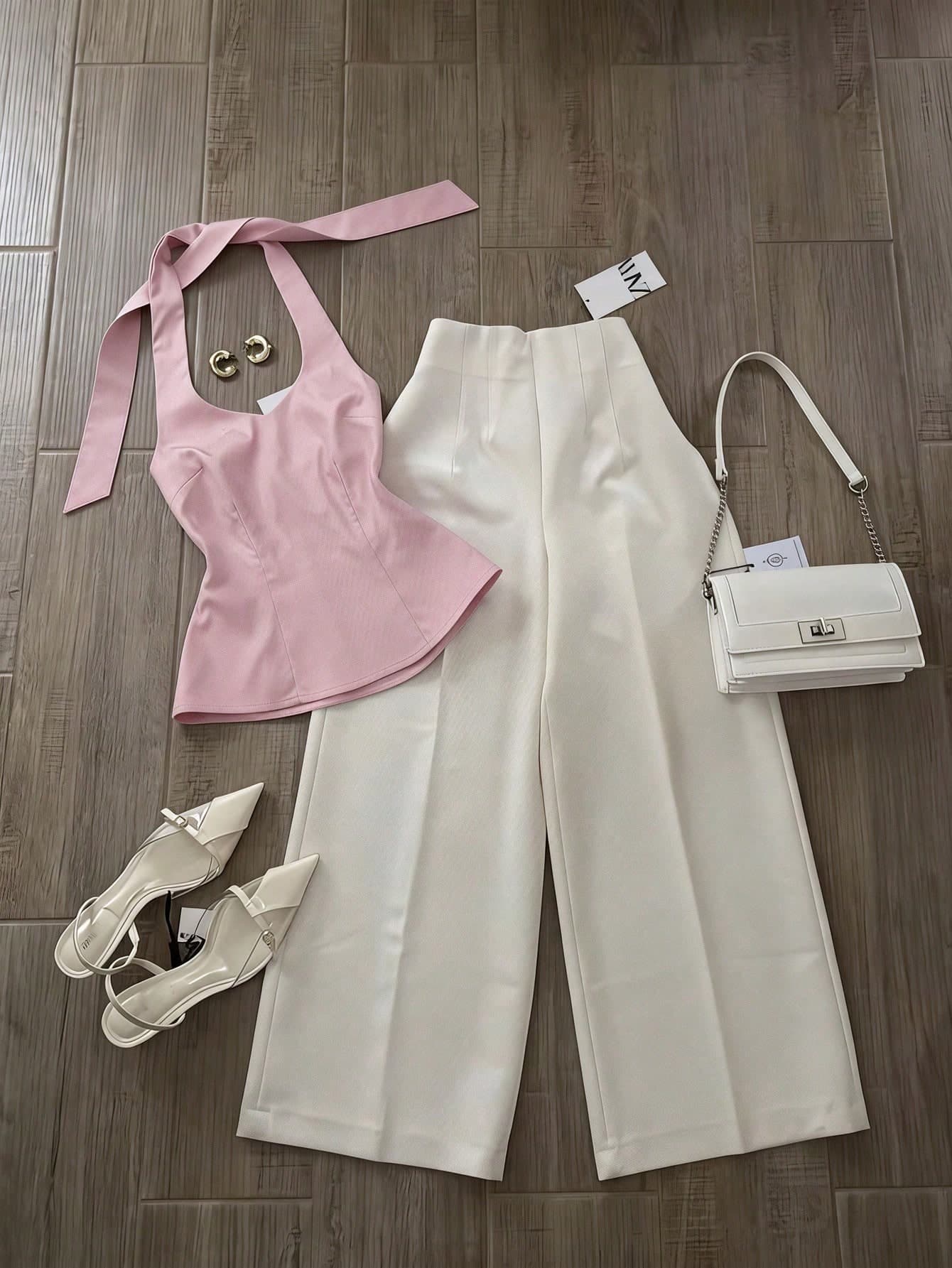 INAWLY Women's Solid Color Halter Top And Wide Leg Pants Casual 2 Pieces Set