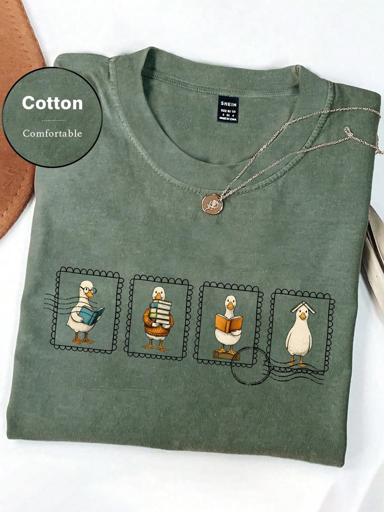 INAWLY Women's Vintage Cute Novelty Olive Green Animal Graphic Duck Print Crew Neck Short Sleeve T-Shirt Summer Tops Shirts 2026 Going Out Clothes