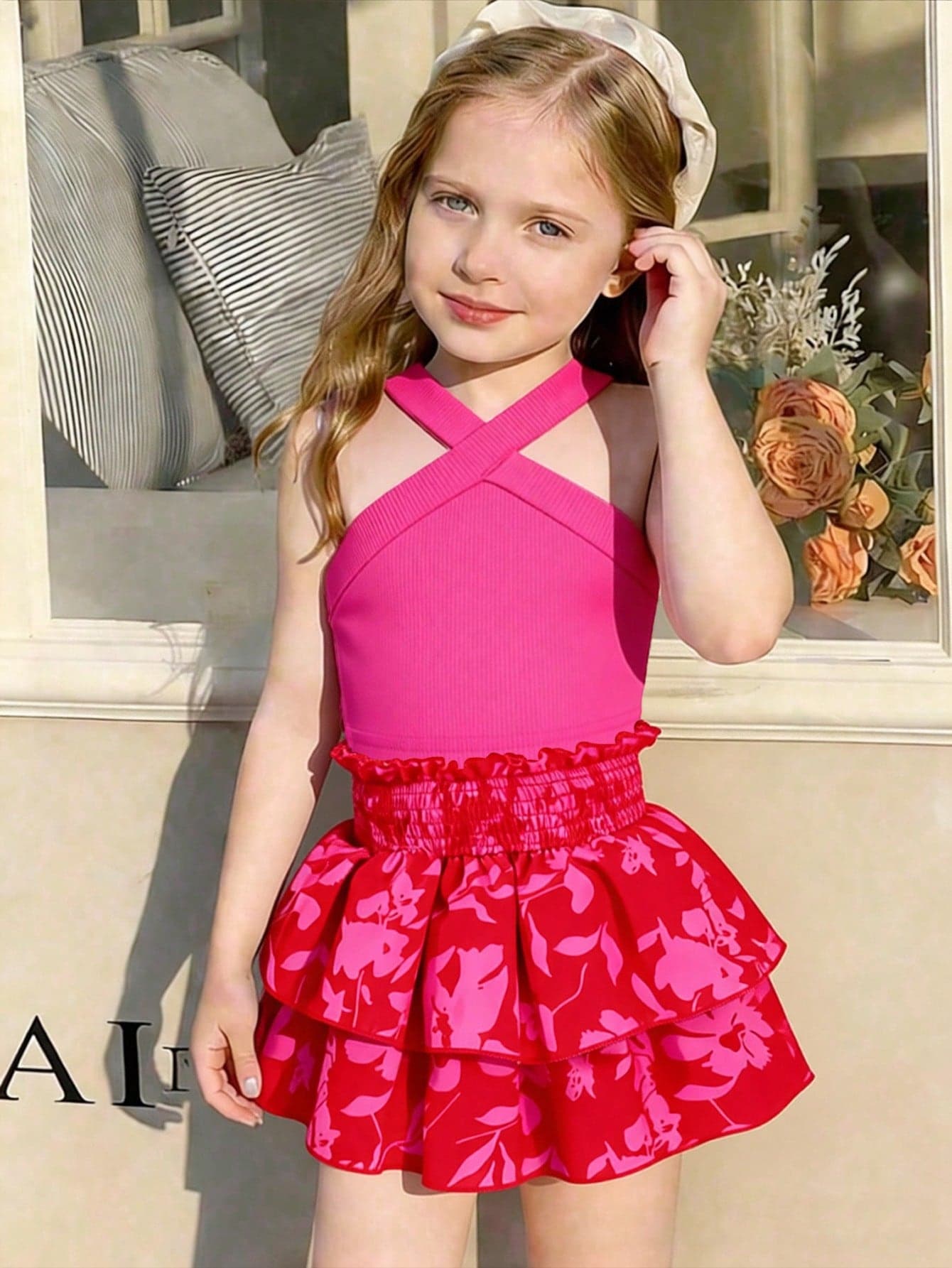 SHEIN Elladie kids Toddler Girls'Summer Birthday Halter Solid Pink Tank Top And Elastic Waist Floral Ruffle Skirt Set,Kids Vacation Casual Two Piece Outfit Dress