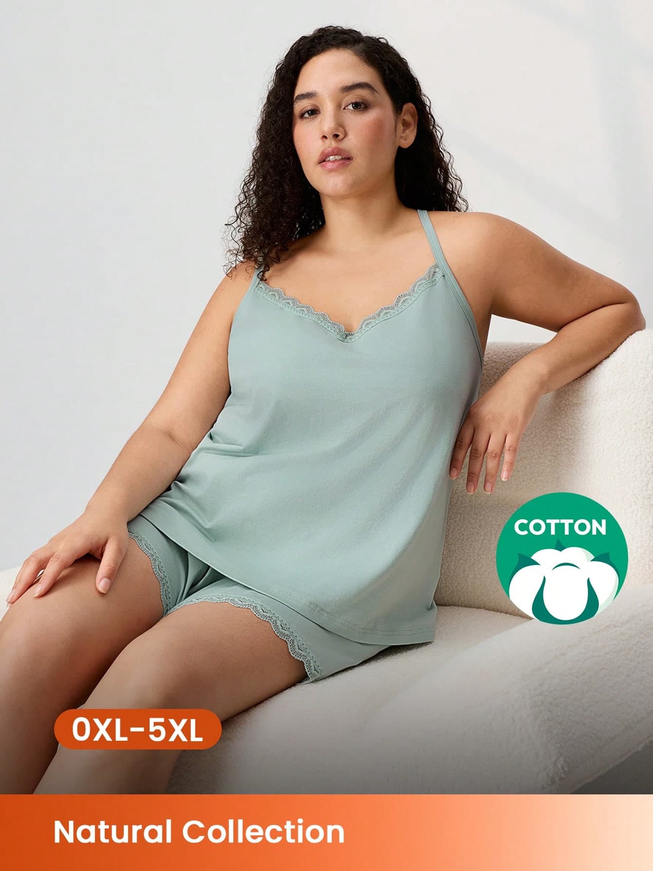LUVLETTE Summer Plus Size Soft Cotton Lace Elegance Trim Cami And Shorty Short Women Pajama Set Lounge Set For Women Lingerie As Outerwear