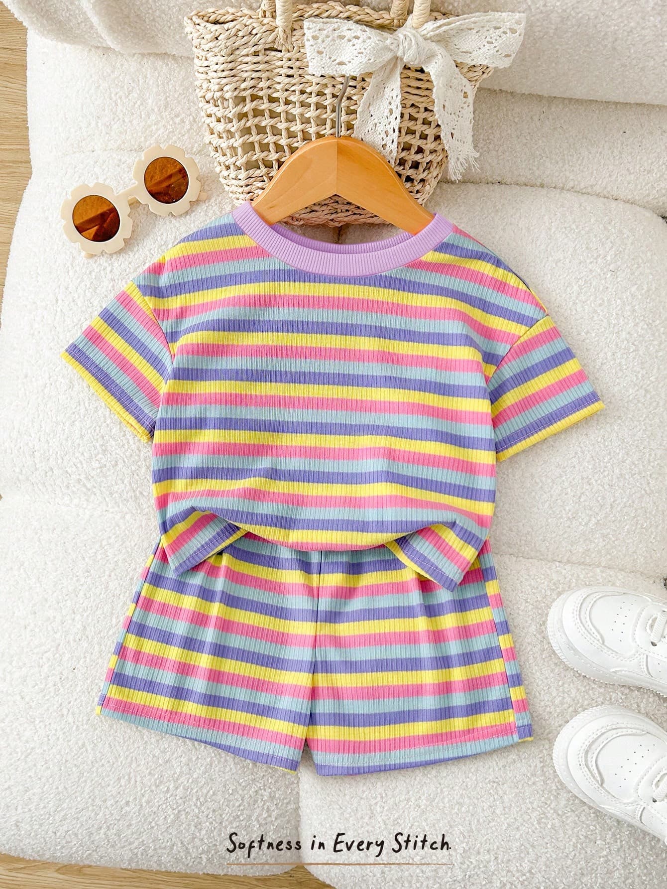 Cozy Pixies Baby Girl Colorblock Knit Soft Crew Neck Short Sleeve Top And Elastic Waist Shorts 2 Piece Set