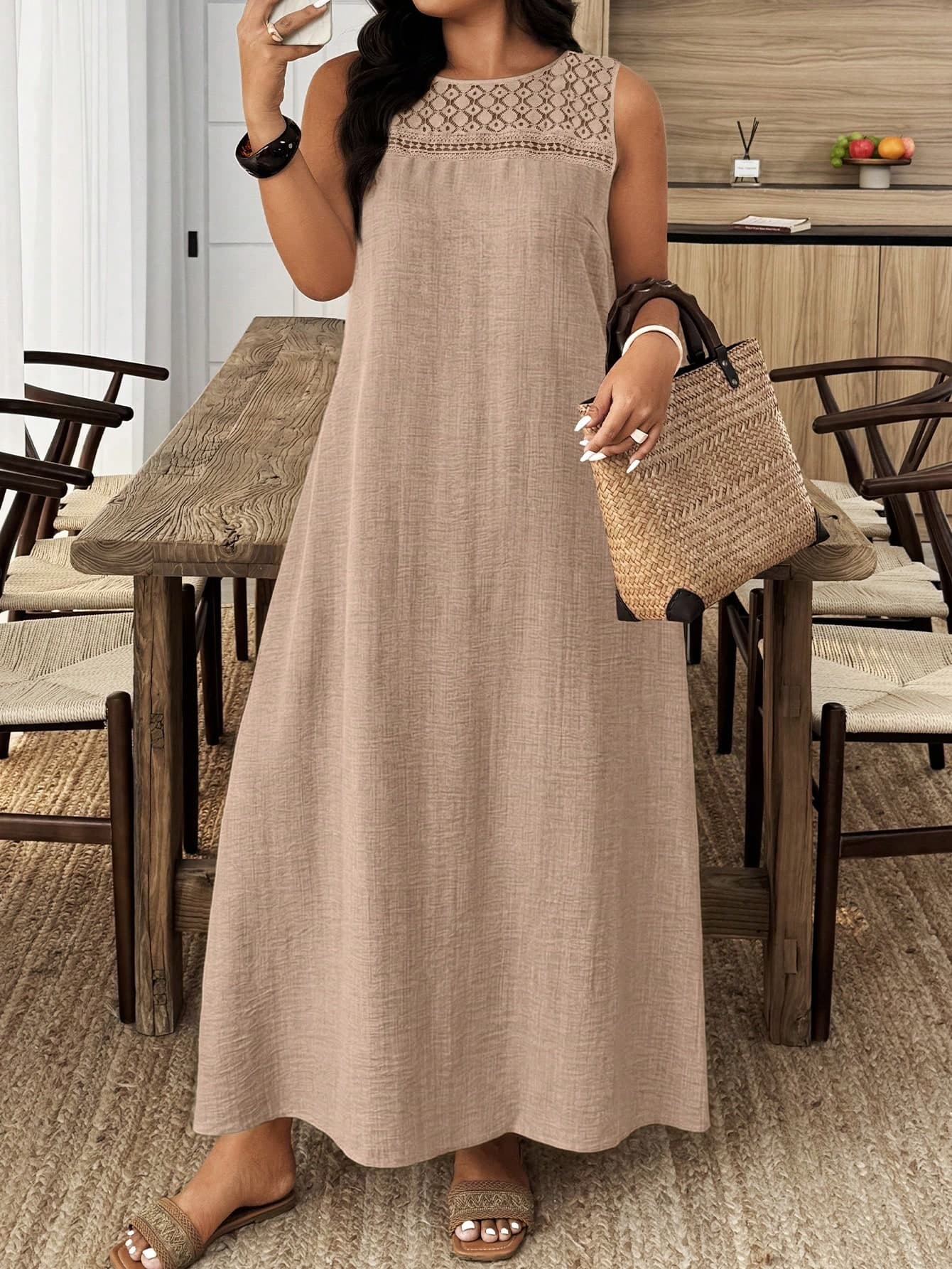 Weeklong Plus Size Women's Lace Trim A-Line Casual Loose Linen-Like Dress, Suitable For Spring/Summer, Home & Holiday Wear