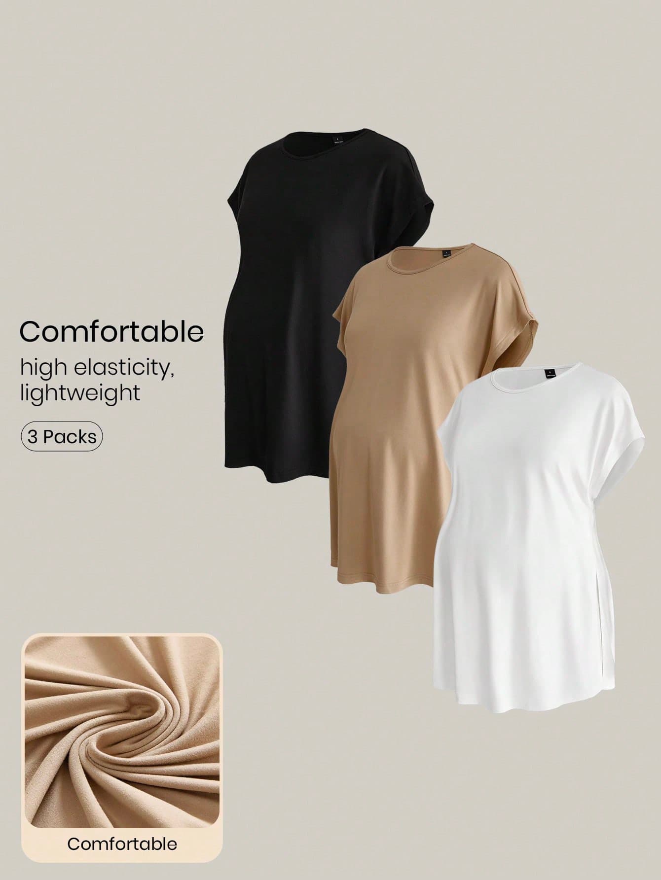 Modmama 3-Pack Maternity Crew Neck Raglan Sleeve T-Shirts-Summer Casual Everyday Wear, Women's Solid Color T-Shirts, Loose Fit, Lightweight And Comfortable.