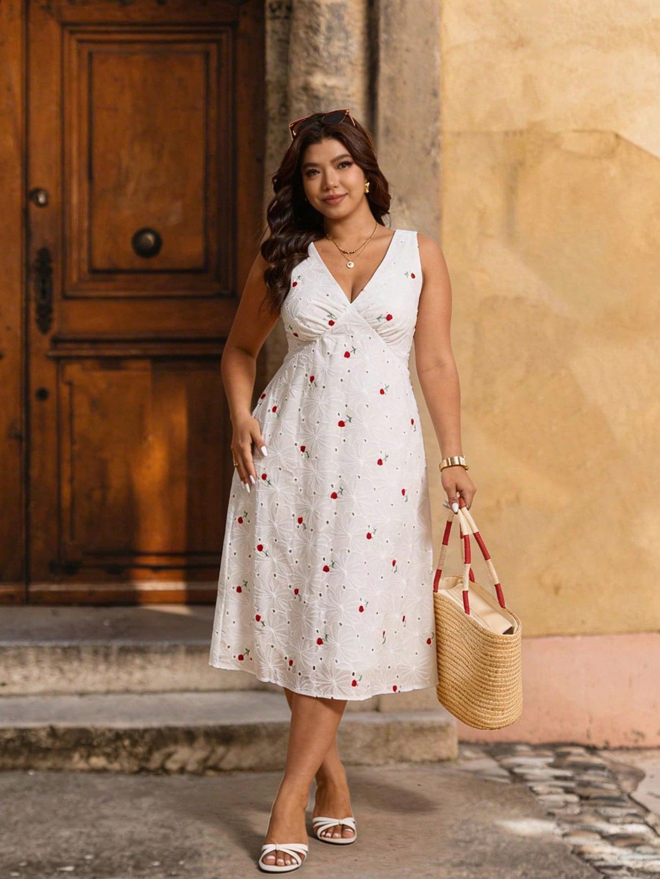 Elaquor Plus Size V-Neck Sleeveless Summer Embroidered & Applique Dress Women's Dress Embroidered Dress White Dress Sleeveless Dress Floral Dress
