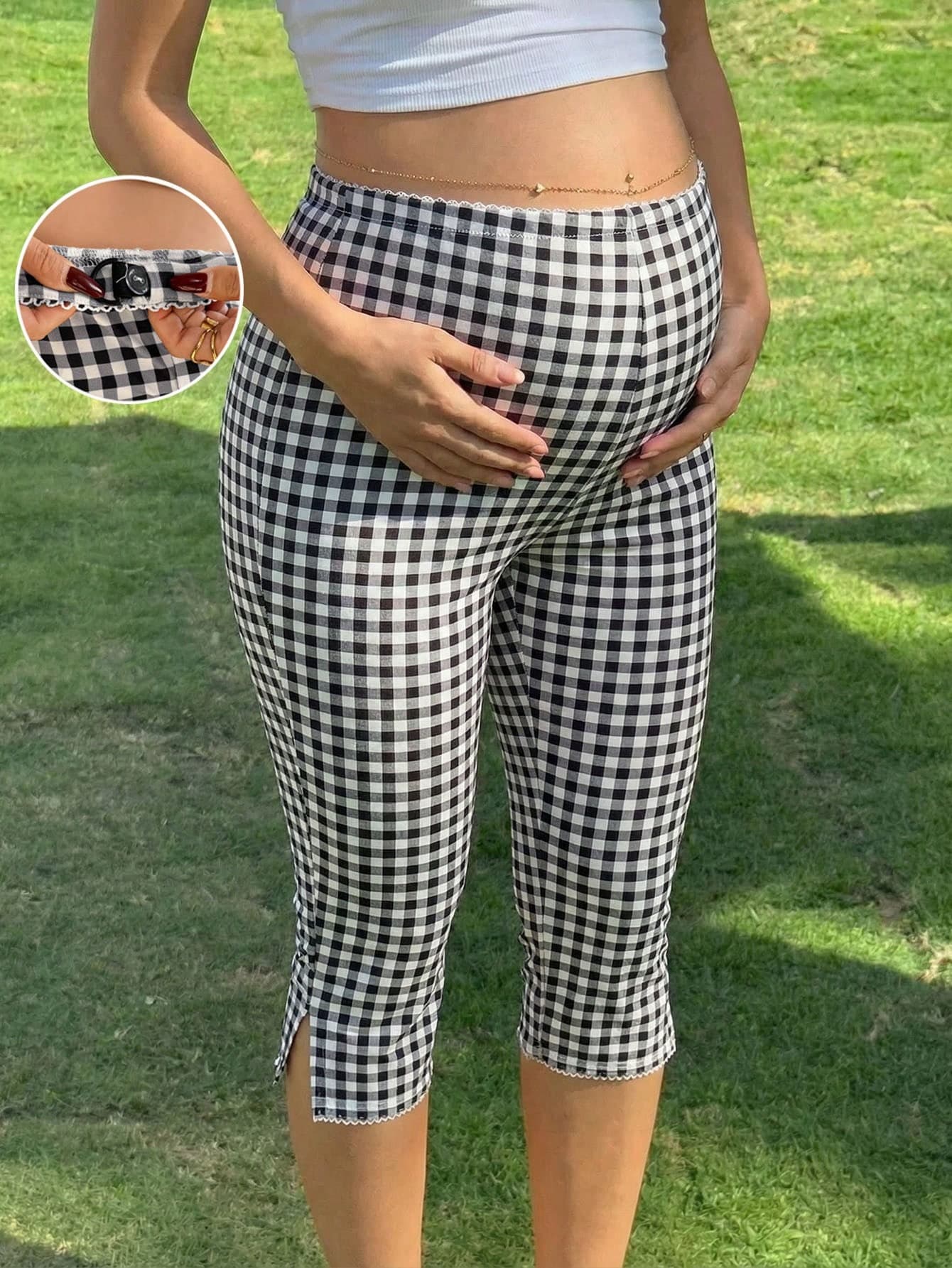 Lyckli Maternity Casual Plaid Adjustable Waist Capri Leggings