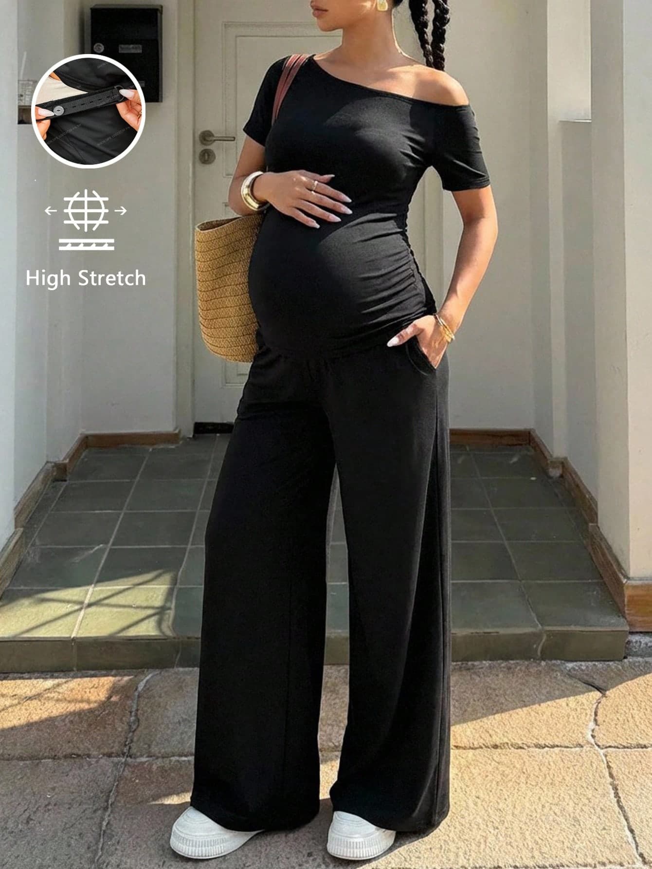 SHEIN 2pcs Maternity Solid Color Asymmetrical Shoulder Short Sleeve T-Shirt And Adjustable Waist Pants Casual Outfit