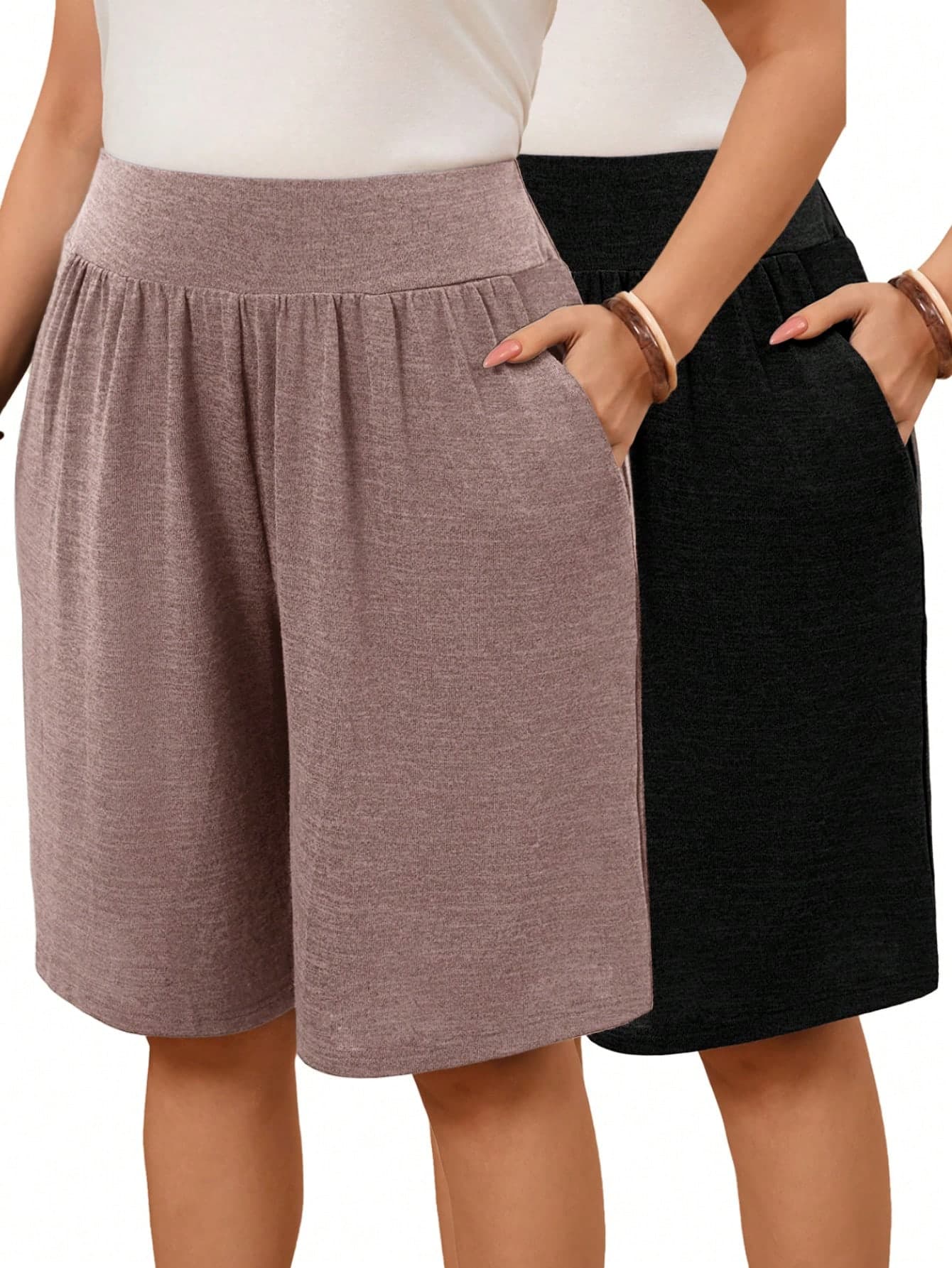 Rosumi 2pcs/Set Plus Size Women's Summer Casual Bermuda Shorts With Pockets,Everyday Smart Casual Dusty Rose & Black Holiday Vacation Outfits 2026 Clothes
