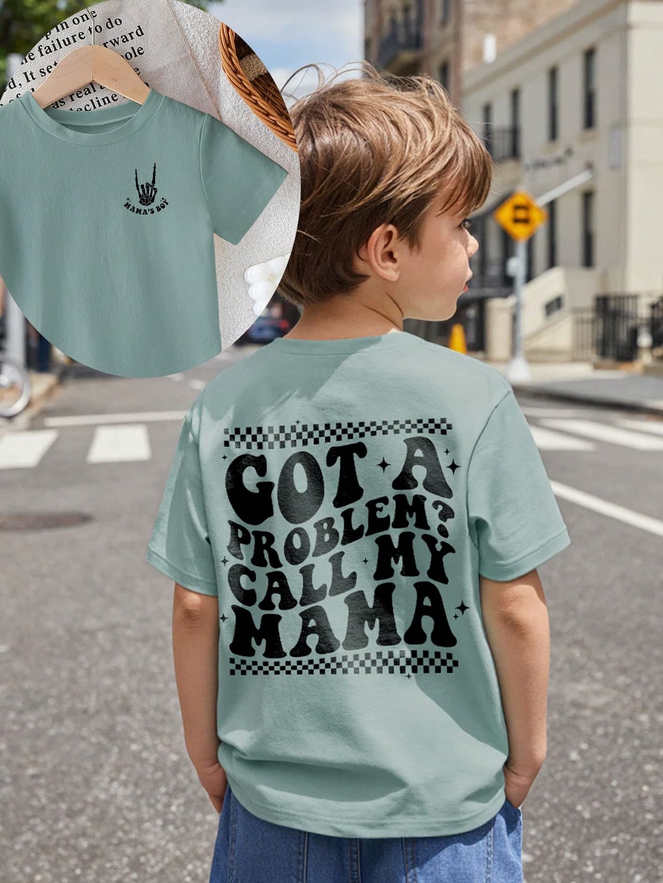 Young Boy "Got A Problem? Call My Mama" Print Round Neck Short Sleeve Light Blue T-Shirt Youth Boy Tshirt Young Boys T Shirts