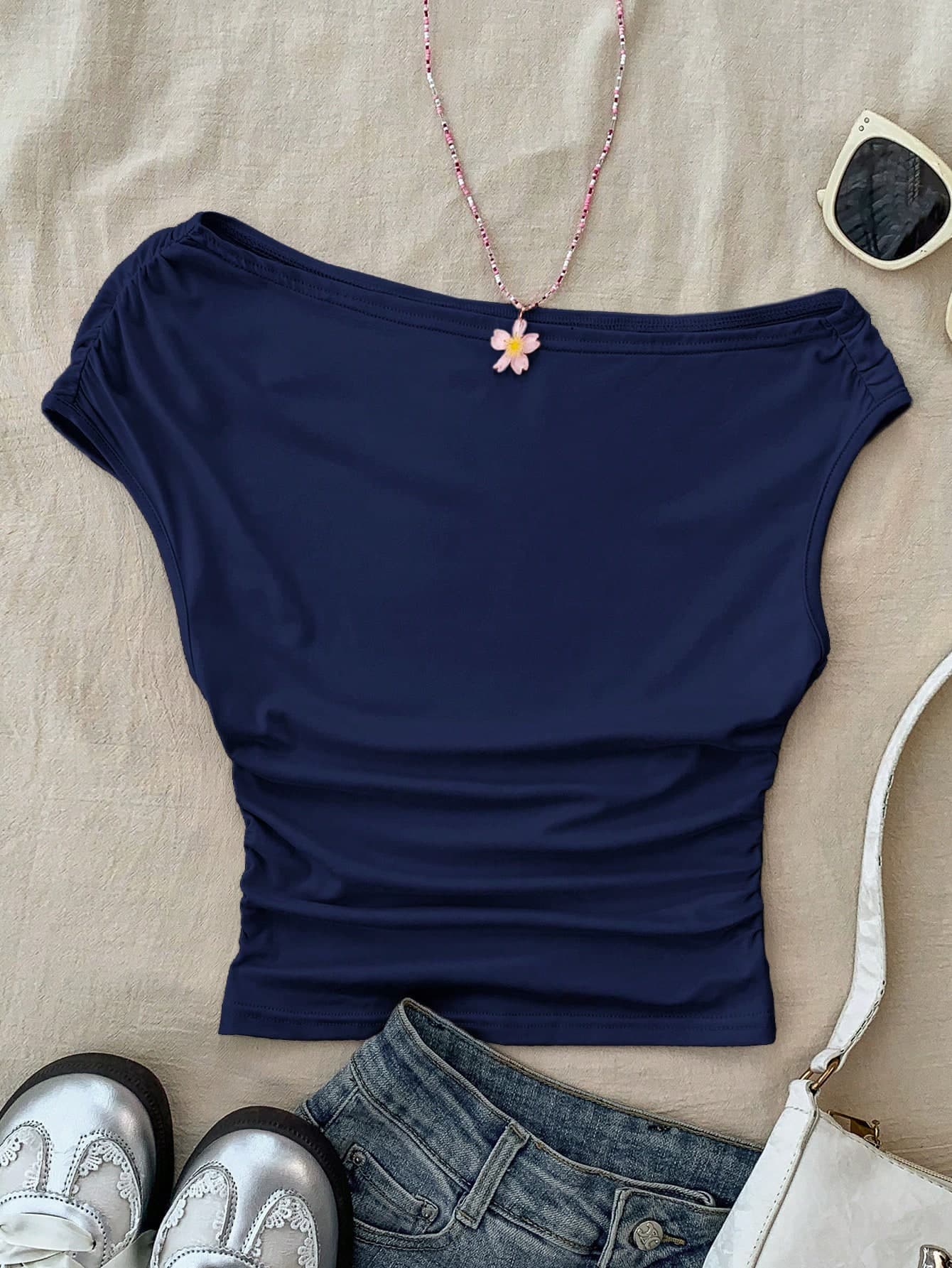 Teen Girls' White Knit Casual Minimalist Polka Dot Print Asymmetric Ruched Cropped Top,Suitable For Spring/Summer,Personalized Styling,Daily Wear