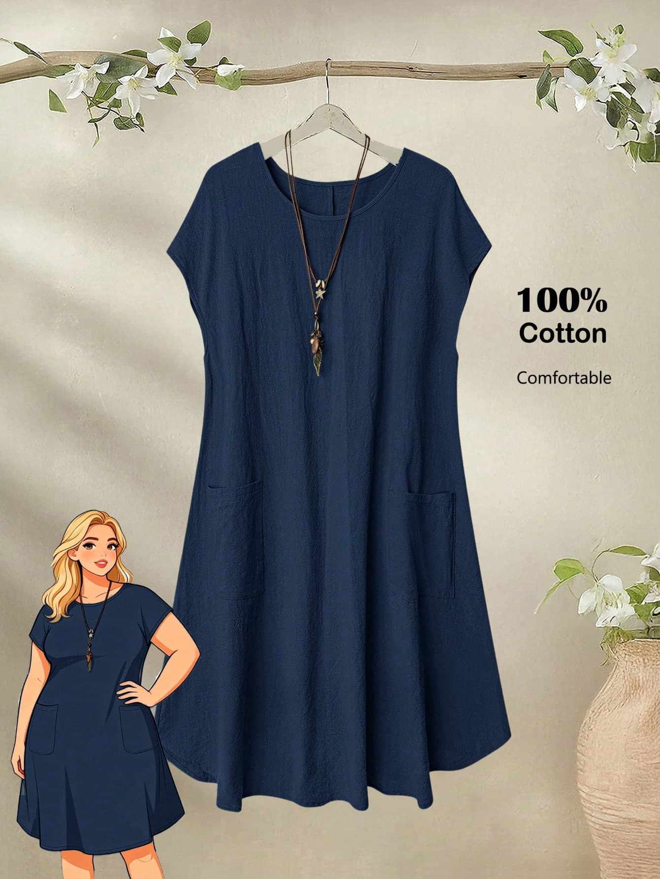 Rusticease Plus Size Women's Navy Blue Summer Round Neck Short Sleeve Solid Color Pocket Dress,Smart Casual Everyday Vacation Flowy Bohemia Dresses