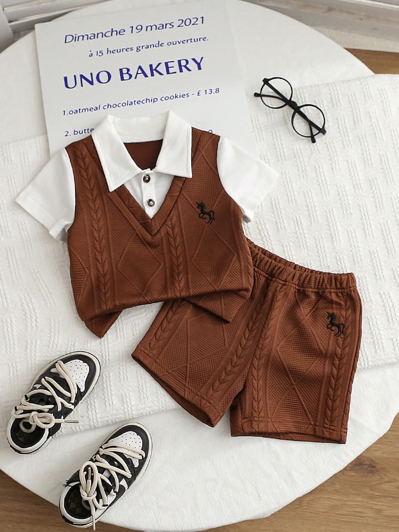 SHEIN 2pcs/Set Baby Boy Brown And White Polka Dot Knit Polo Shirt & Shorts,Gentleman Horse Embroidery,Cute Summer Outfit,Carrer Day,Back-To-School,Wedding