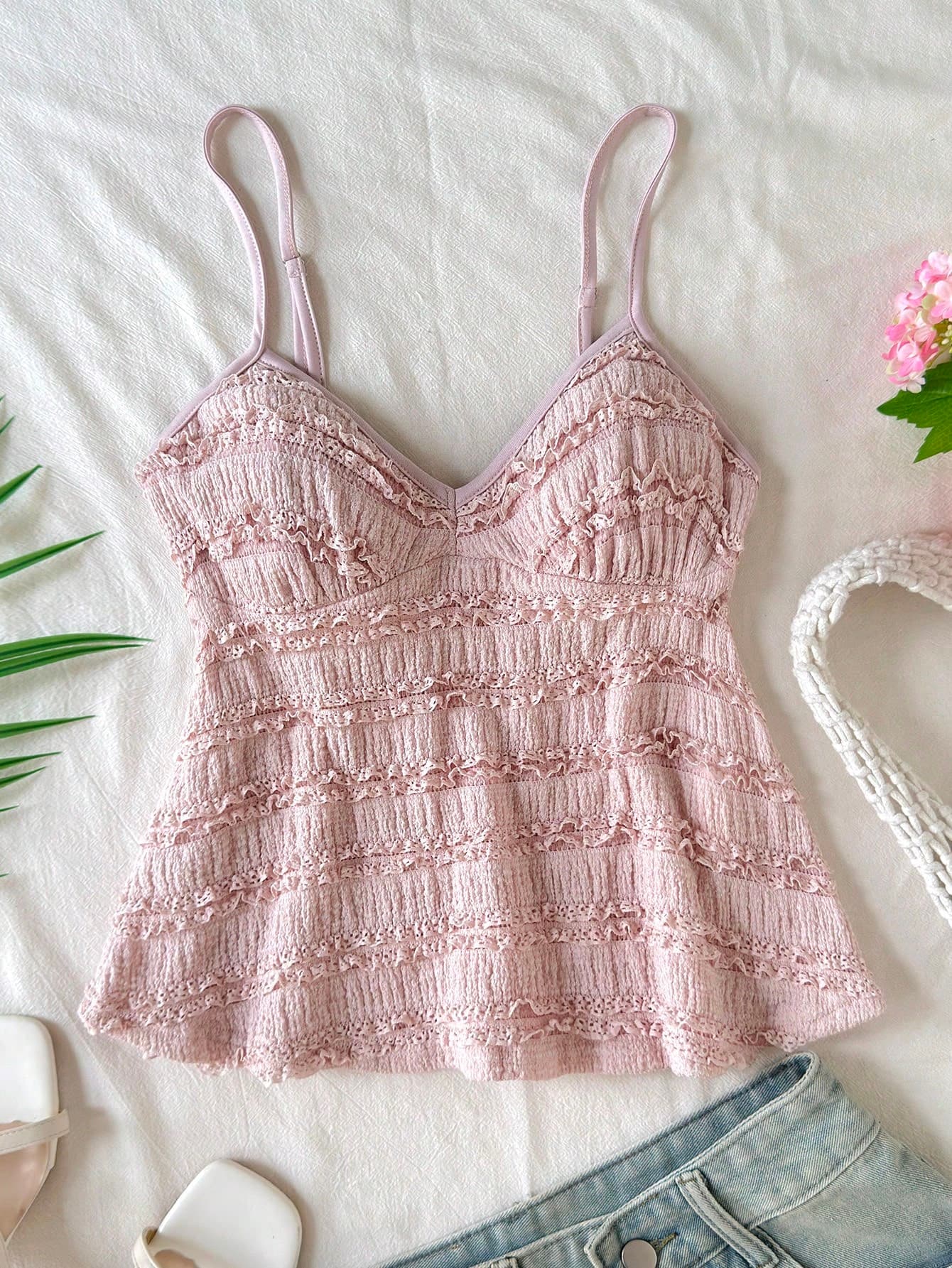 SHEIN Teen Girls' Pink Textured Camisole Top, Casual Daily Fashion Versatile Sweet Cute Matching Family For Outing & Camping