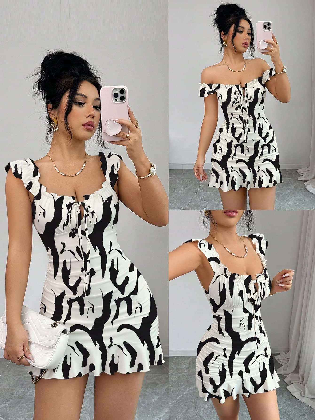 Selianne Sleeveless Black And White Graphic Mini Cami Dress Flounce Hem Boho Style