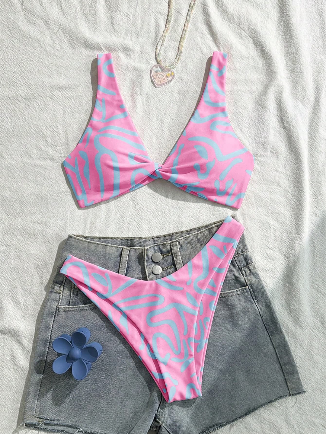Swim Vcay Women's Fashion Pink And Blue Bikini Set Holiday Holiday Pool Party Vacation Summer Tropical