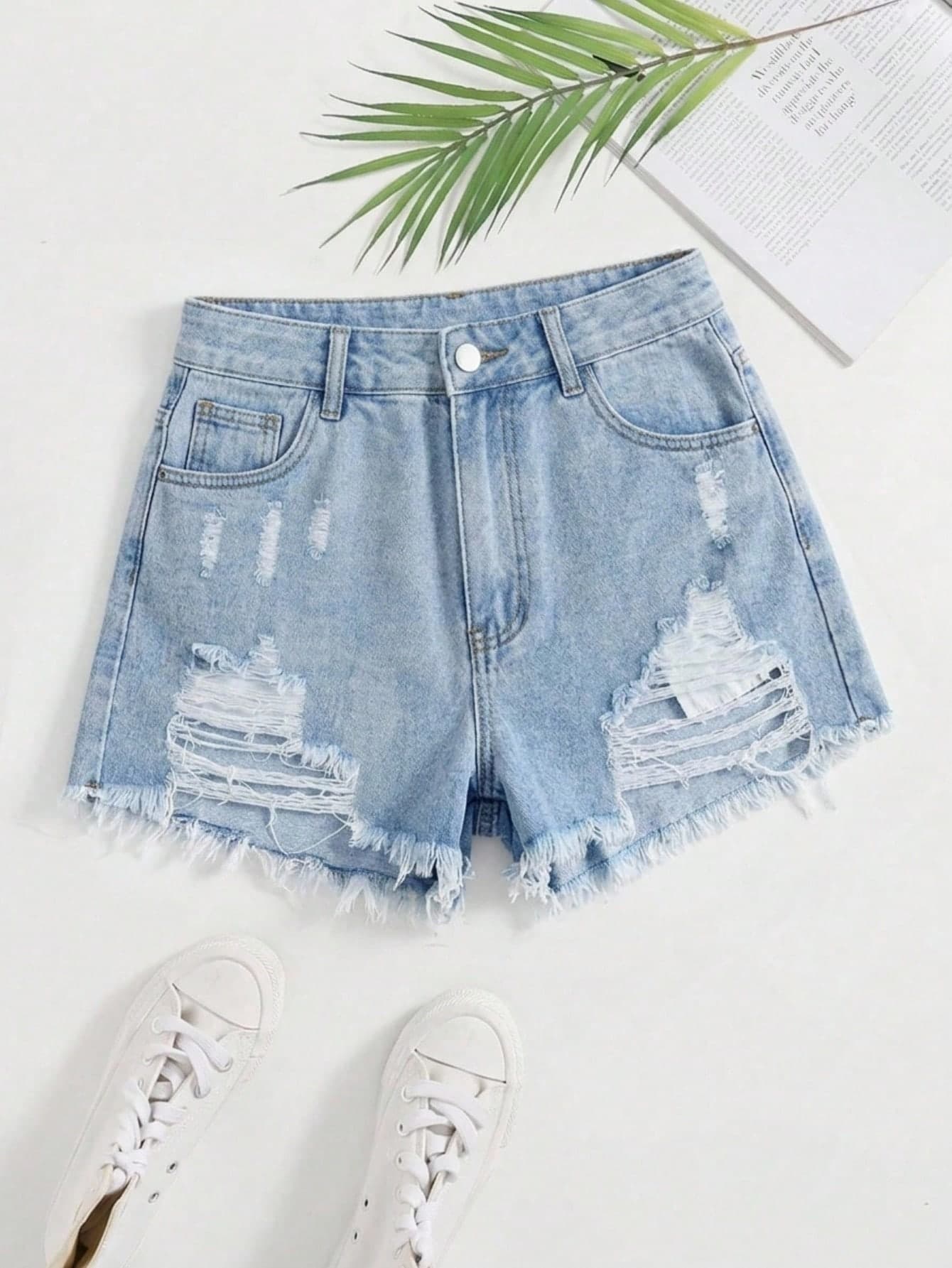 SHEIN Essnce Women's Casual Distressed Pocket Button Frayed Hem Denim Shorts, Versatile For Daily Wear Ripped Denim Shorts
