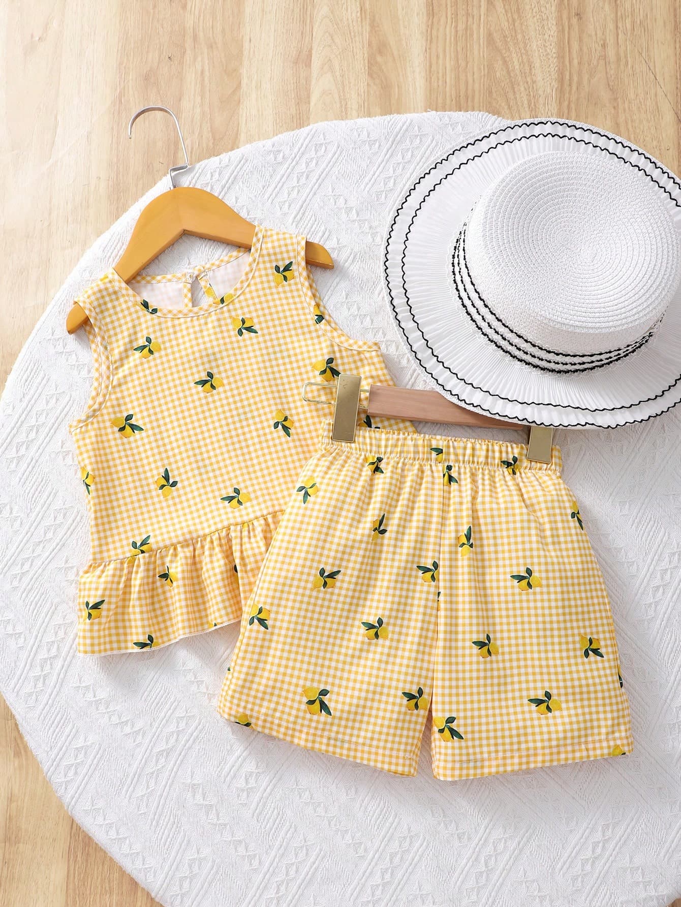 Genkimix Kids 2pcs Young Girl Woven Solid Color Round Neck Sleeveless Top And Shorts Set,Summer,Matching,Family Vacation,Holiday Retro Kids Yellow Outfit Clothes
