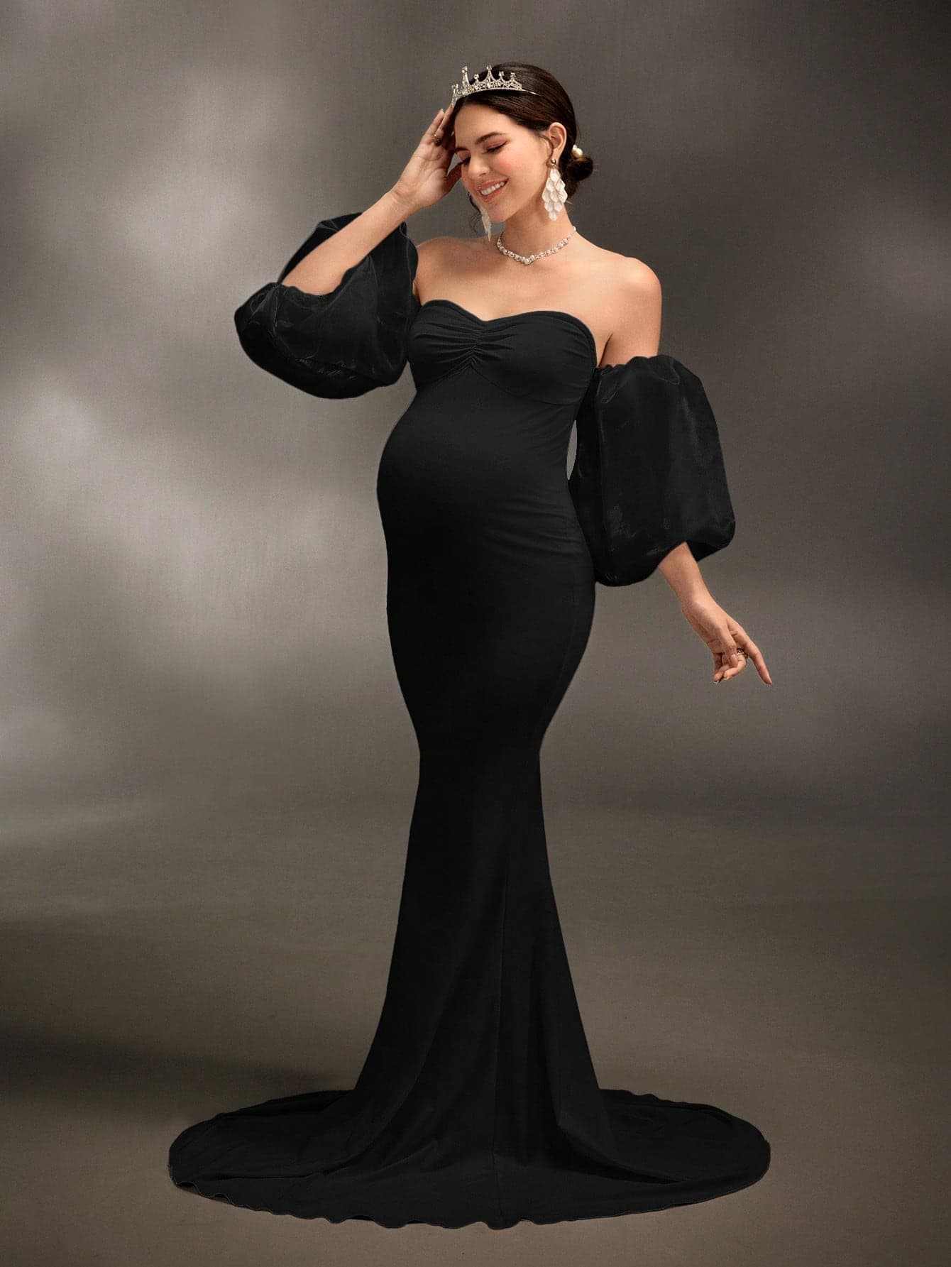 Cheriluna Maternity Black Summer Elegant Formal Evening Photoshoot Pregnant Dress,Bodycon Knit Maternity Gowns For Women,Sweetheart Neckline 3D Sleeve Ruched Design