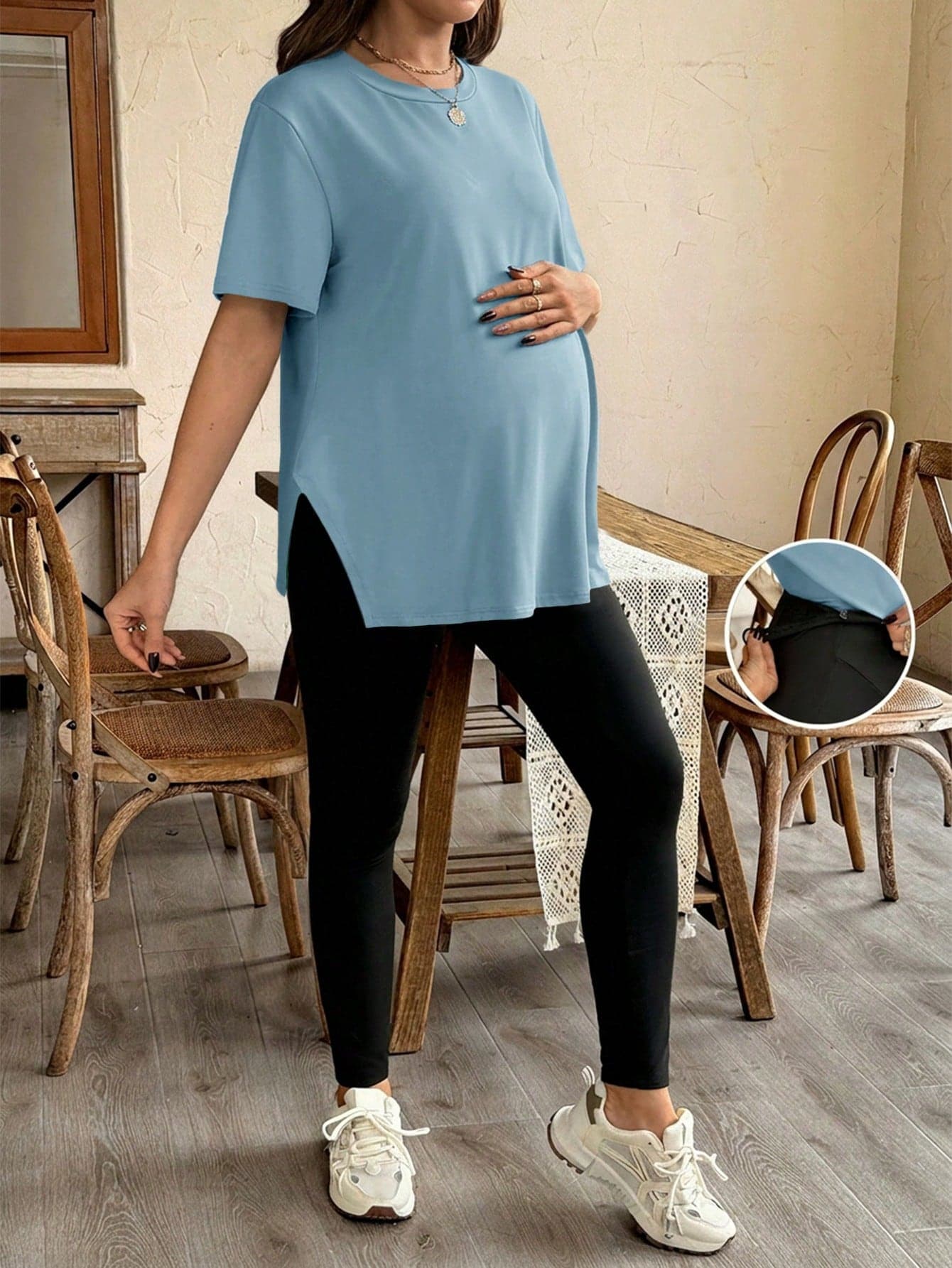 SHEIN 2pcs Maternity Summer Casual Loose Side Slit Top And Skinny Pants Set